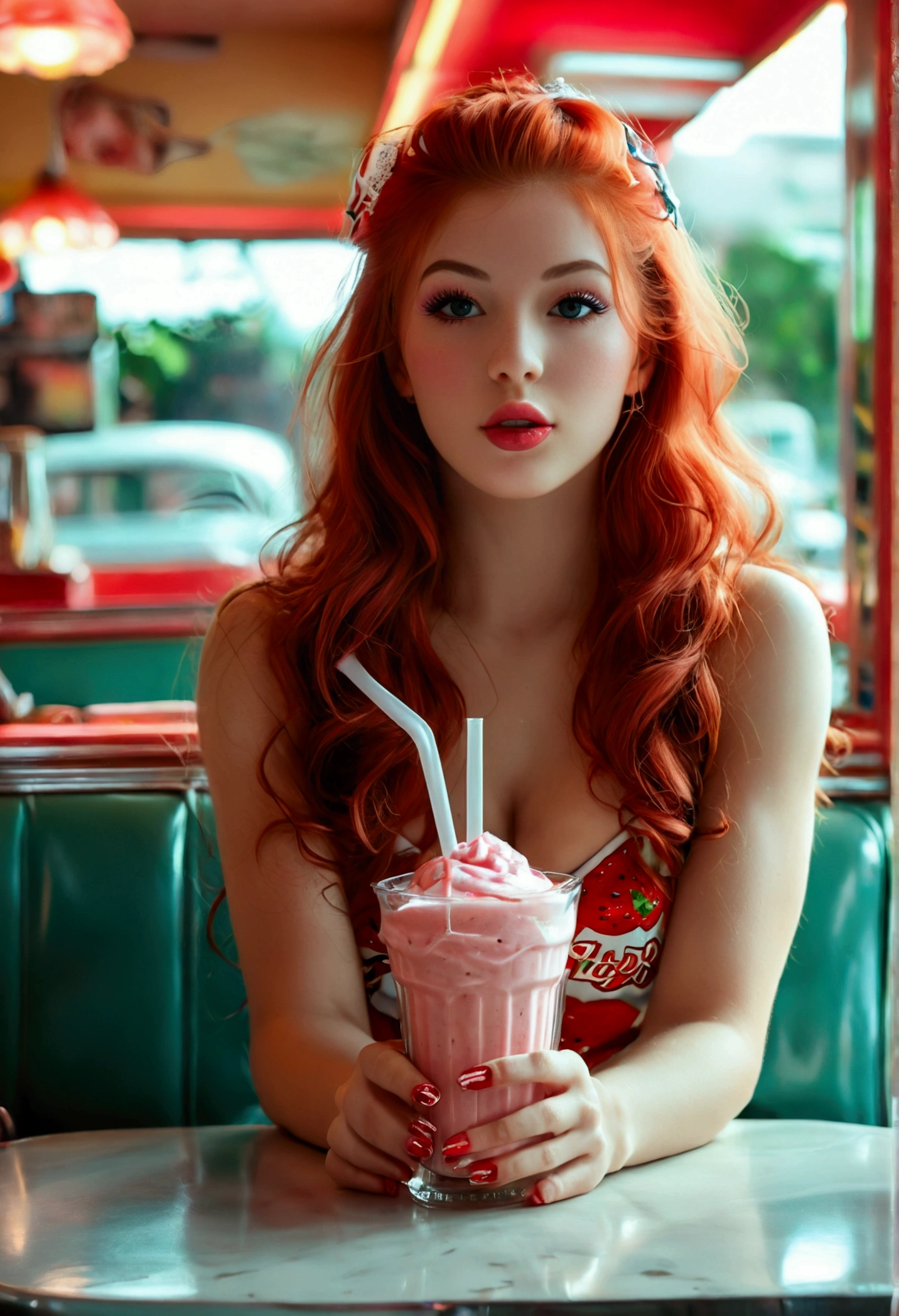 ultra realistic, photography, long red hair, girl, 24 years old, hourglass figure, perfect body, small breasts, Flirty look, extremely detailed artgerm, in the style artgerm, facing the camera, lens 35 mm, blur background, in a 60s diner, sitting at a table, strawberry milkshake, cheerleader outfit