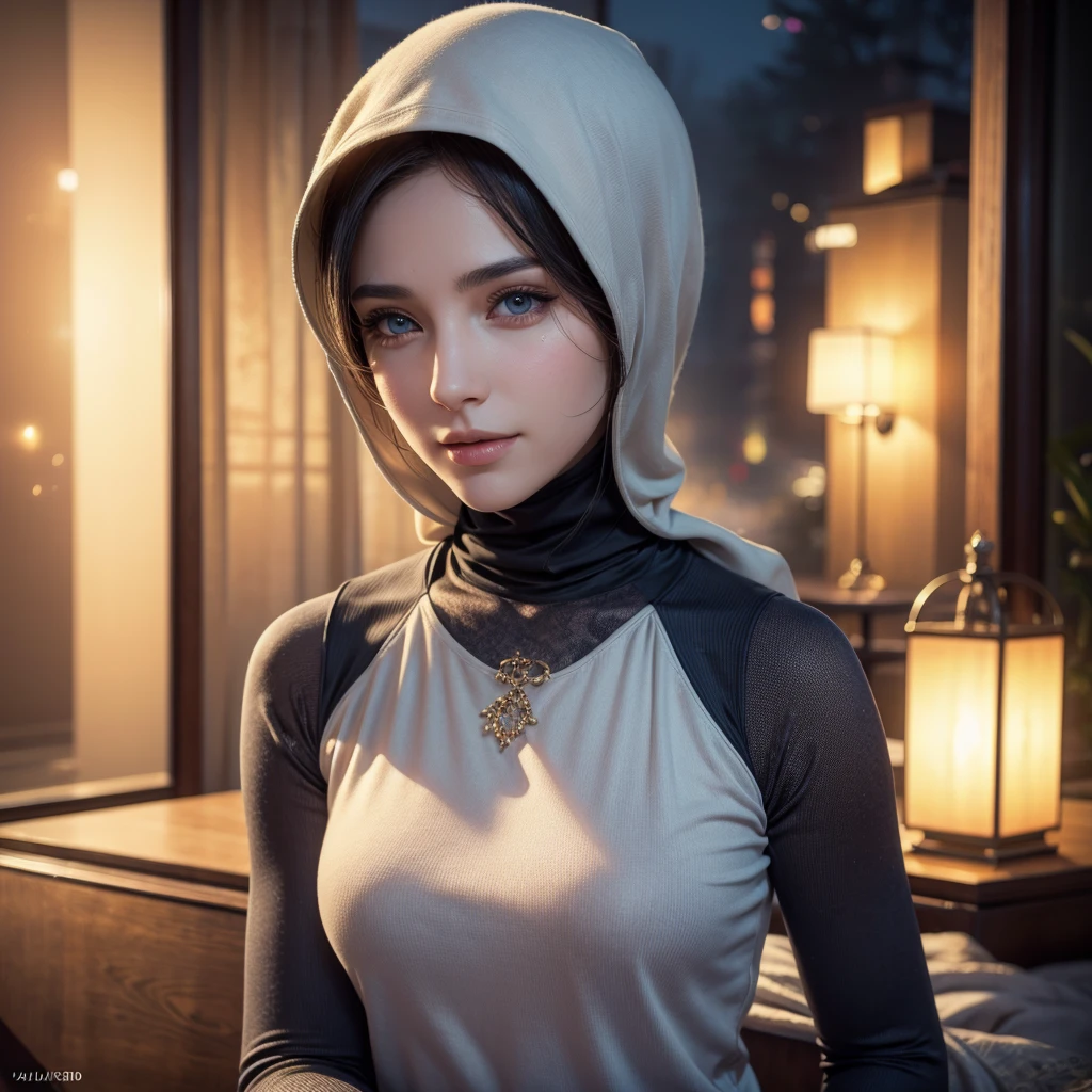 1 gorgeous mature woman in hijab, moslem outfit, turtle neck t-shirt with vest, outdoor romantic date setting, beautiful detailed eyes, beautiful detailed lips, extremely detailed eyes and face, long eyelashes, beautiful smile, hot mom, portrait, (best quality,4k,8k,highres,masterpiece:1.2),ultra-detailed,(realistic,photorealistic,photo-realistic:1.37),HDR,UHD,studio lighting,ultra-fine painting,sharp focus,physically-based rendering,extreme detail description,professional,vivid colors,bokeh,portraits,warm color tones,dramatic lighting