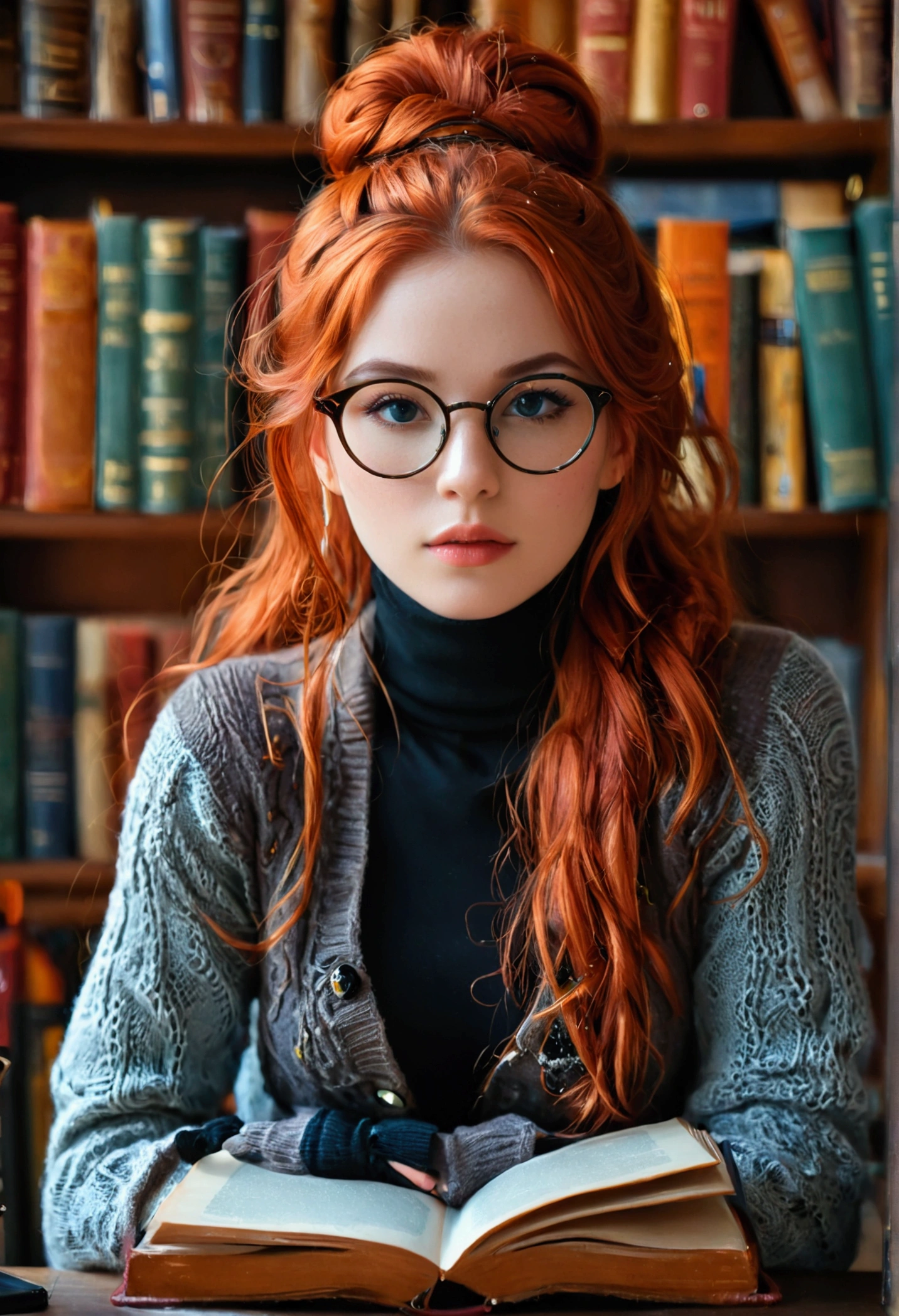 ultra realistic, photography, long red hair, girl, 24 years old, hourglass figure, perfect body, small breasts, Flirty look, extremely detailed artgerm, in the style artgerm, facing the camera, lens 35 mm, blur background, in a liabrary, librarian, hair up in a bun, glasses, theres a laptop in front of her and a small stack of books next to her, sitting behind desk, cardigan and a tight turtleneck