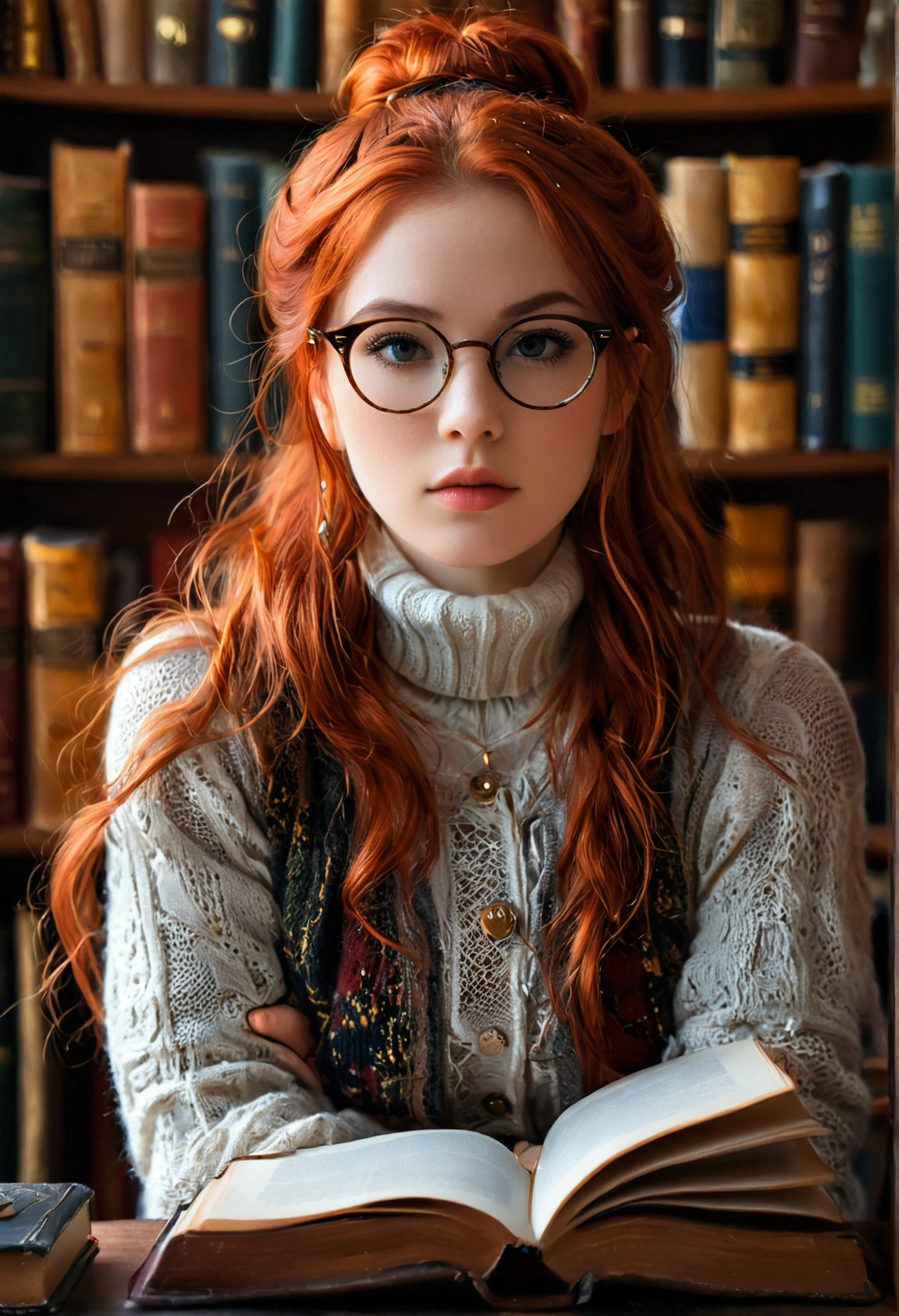 ultra realistic, photography, long red hair, girl, 24 years old, hourglass figure, perfect body, small breasts, Flirty look, extremely detailed artgerm, in the style artgerm, facing the camera, lens 35 mm, blur background, in a liabrary, librarian, hair up in a bun, glasses, theres a laptop in front of her and a small stack of books next to her, sitting behind desk, cardigan and a tight turtleneck