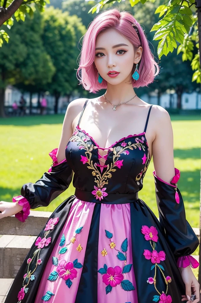 (masterpiece:1.4), (best quality:1.4), ultra high res, ultra high resolution, ((detailed facial features)), HDR, (realistic, photorealistic, photo-realistic:1.37), full body Esbian, y swedish model, (-anime), only 1 model, vivid colors, ((vivid colors multicolor (fuchsia, pink, light blue, purple) very short hair)), (seductive smile), lip-gloss, long lashes, defined eyebrows, wearing large sparkling colorful jewelery, wearing a red silk Paradise Kiss cosplay dress with black floral embroidery, ((vivid colors outfit)), vivid colors, look at the camera, cinematic light, large park background with trees, sweet and sexose