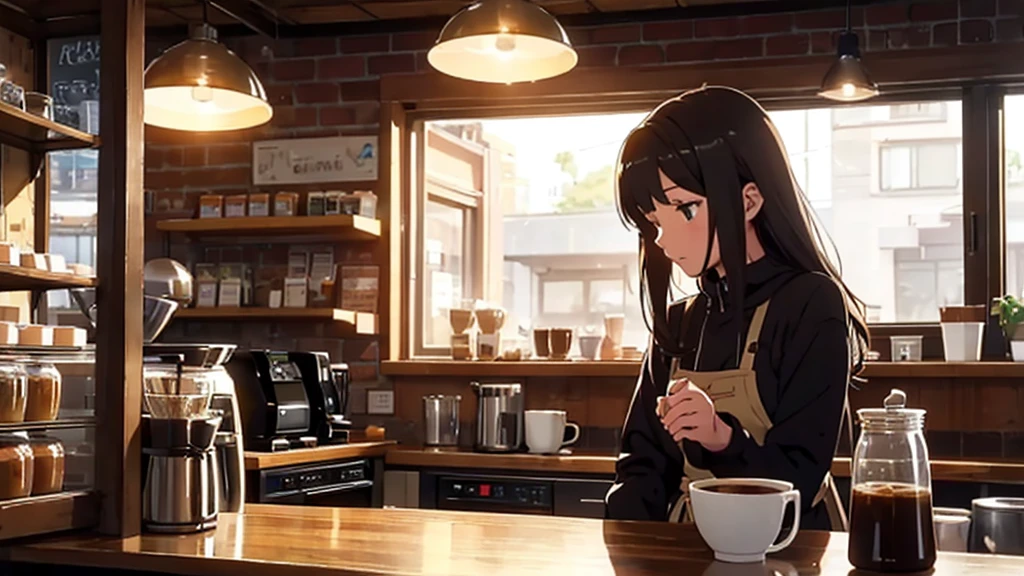 Girl listens to making coffee in a coffee shop,2D anime style, The morning air was clear. ,Warm atmosphere, 