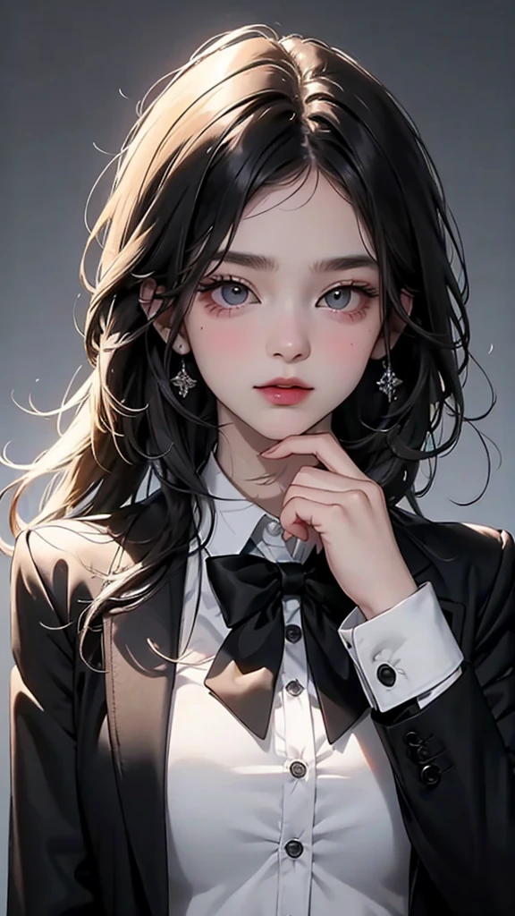 (Top resolution、Distinct_image)top-quality、(A girl) 、masterpiece、highly detailed, half body, Semi-realistic、 ( grey eyes ) 、18year old,
( black hair ), (white inside) ,young 、Exquisite facial features、Facial features ,variation potrait, long hair , age, cool , cold sharp eyes, , {Very detailed 8k CG unit wallpaper}, students, white oversized shirt , black tie, music classroom, (black jacket on top) , punk , cold, cool , handsome girl, tomboy