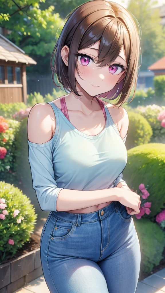 A 30 year old anime woman, short hair, pink eyes, medium chest, athletic body, dressed in a small light blue blouse showing her shoulders, blue jeans, posing in a garden of plants