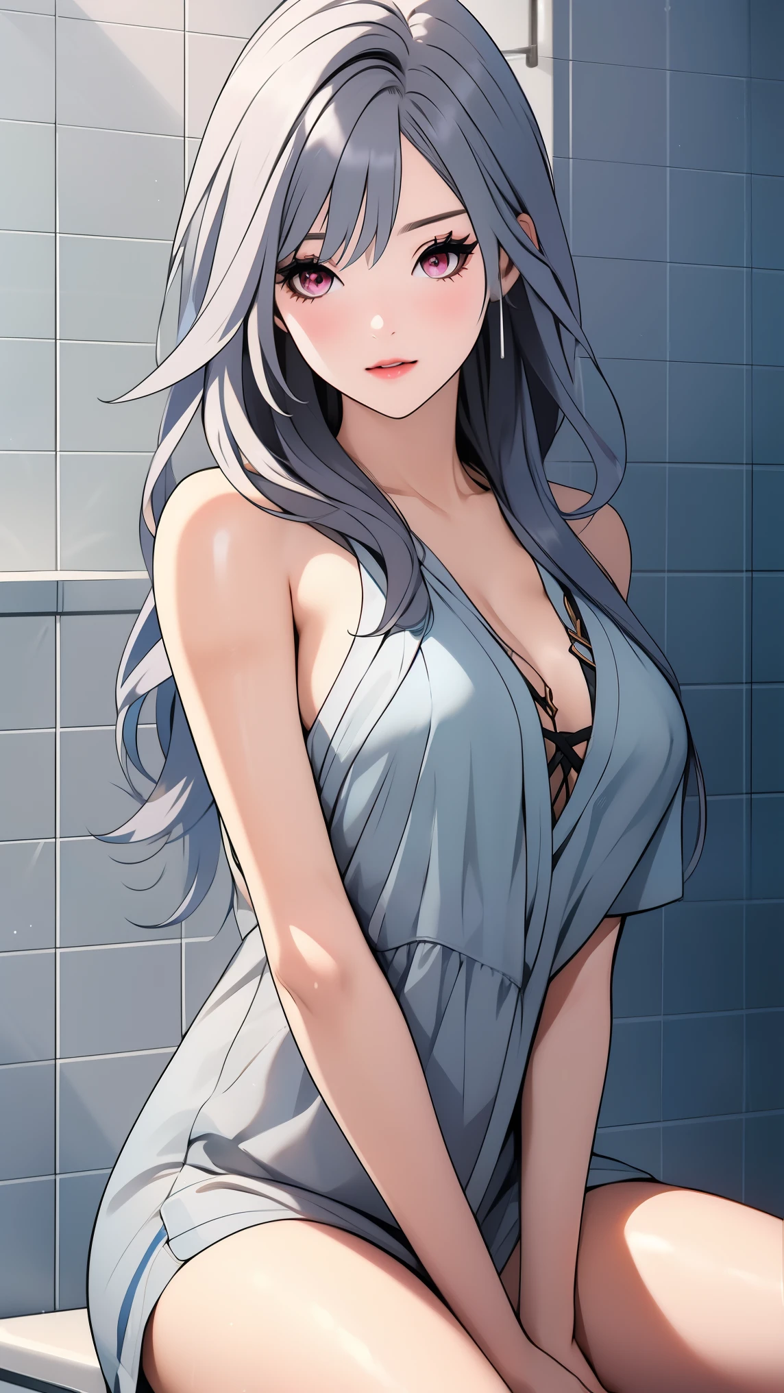 arafed woman sitting on a bathroom counter in a towel, in a bathroom, yasumoto oka, ai yazawa, ayami koj ima, kotegawa yui, mayuri shiina, by Nagasawa Rosetsu, young sensual gravure idol, reluvy5213, realistic young gravure idol, SkirkGI, red eyes, long hair, white hair, blue hair, hair ornament,