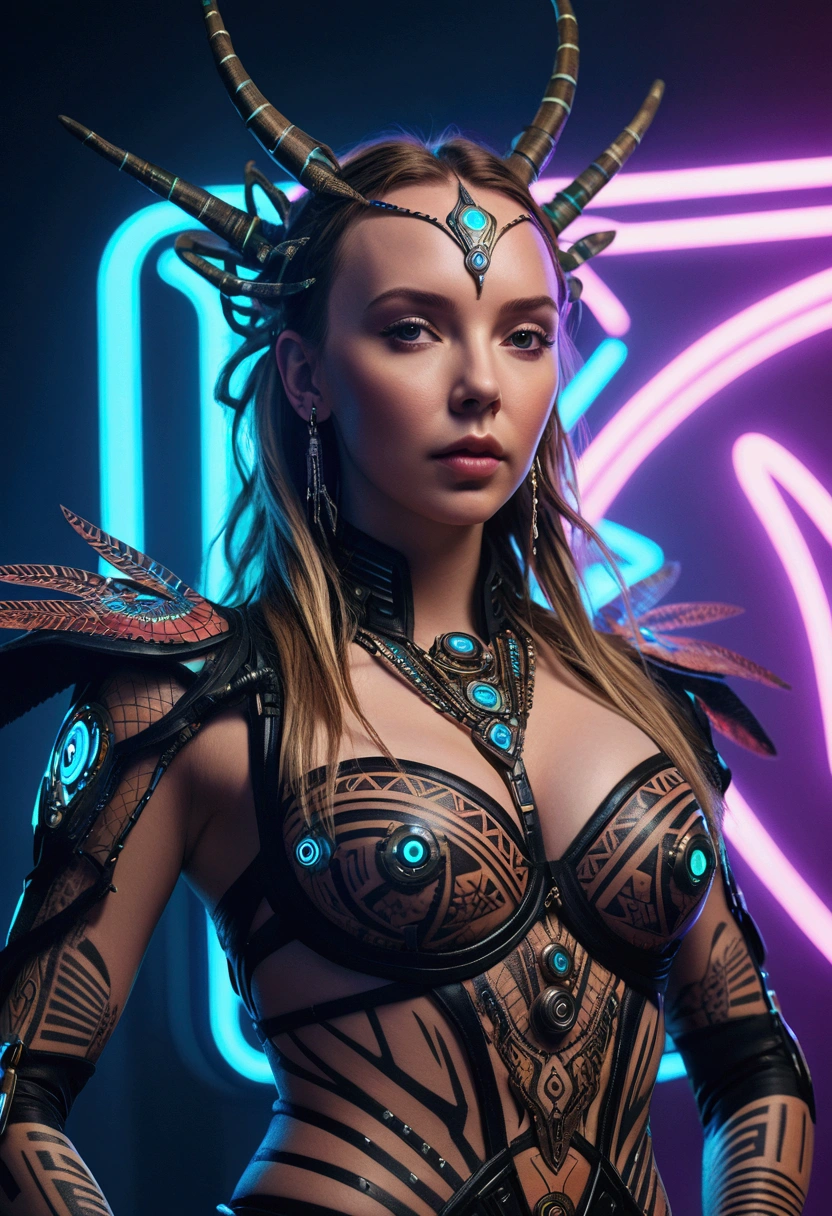 detailed cinematic photography of Beautiful  Jodie Comer as cyberpunk techno female shaman, tribal corsetry outfit, tribal tattoos, a beautiful cyberpunk cell, dynamic pose,  posing for Maxim magazine cover, neon lit, iabstract beauty, near perfection, pure form, intricate detail Outrageously stunning detailed photo realistic cinematic photography