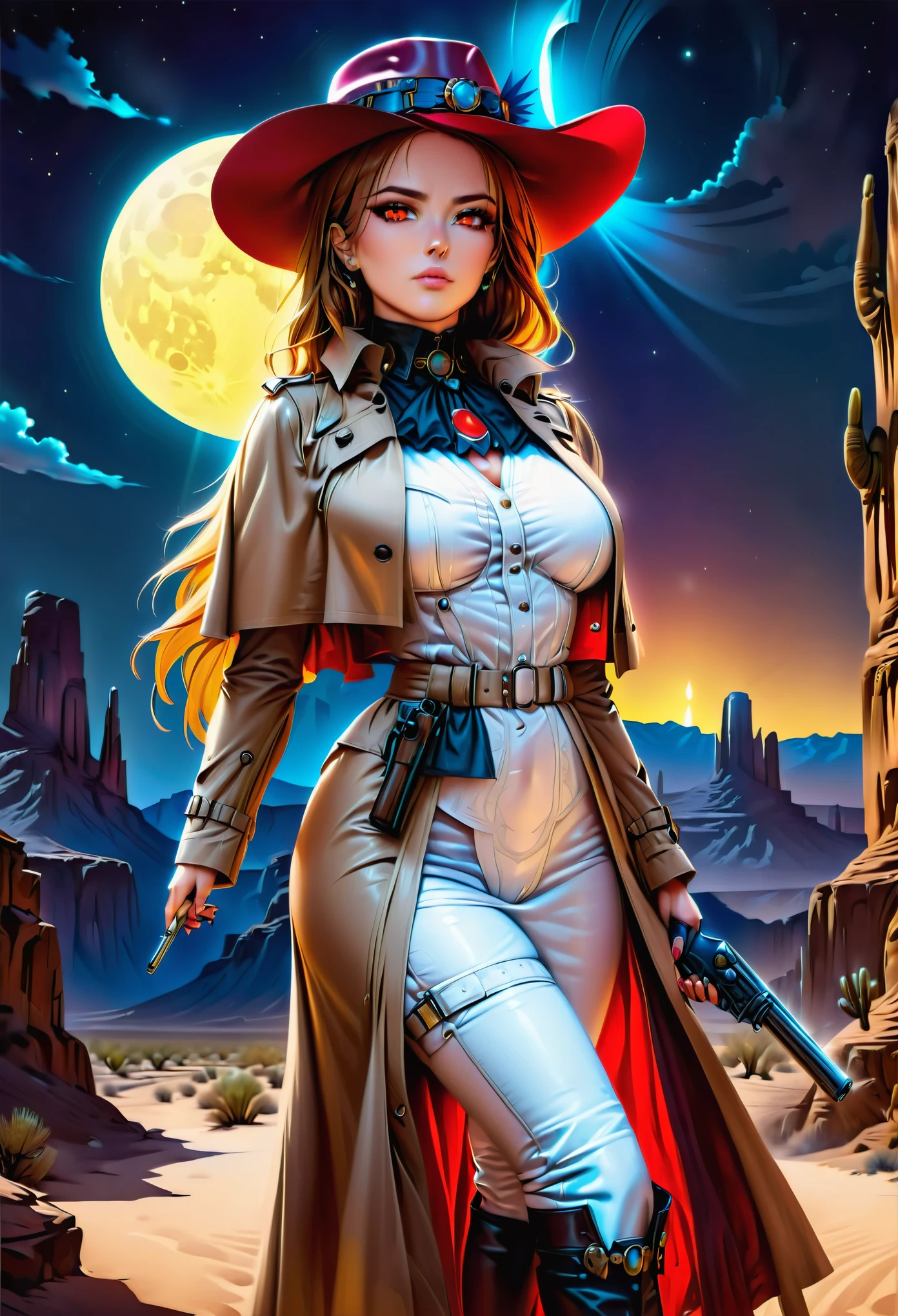 (wild west photograph style: 1.5) picture of a female vampire cowboy in the desert night, a goth beauty, exquisite beautiful female vampire, ((anatomically correct: 1.5), (ultra detailed face: 1.2), best detailed face, red glowing eyes, full body, busty, wearing white bottom shirt, short skirt, dynamic color. wearing (cowboy hat: 1.2), wearing high heeled boots, wearing open black trench coat, flowing trench coat, she has a pistol in a holster, it is night time in the desert, moon light. moon rays, west America desert canyon background, Hyperrealism style, vibrant, Ultra-high resolution, High Contrast, (masterpiece:1.5), highest quality, Best aesthetics), best details, best quality, highres, ultra wide angle, 16k, [ultra detailed], masterpiece, best quality, (extremely detailed) RAW, chumbasket art style, rpg portrait photograph, BloodSoakedAI, victorianstyle