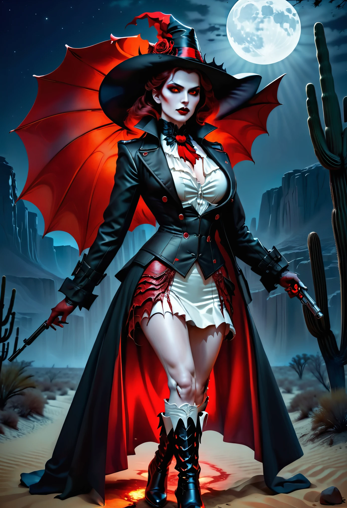 (Victorian photograph style: 1.5) picture of a female vampire cowboy in the desert night, a goth beauty, exquisite beautiful female vampire, ((anatomically correct: 1.5), (ultra detailed face: 1.2), best detailed face, red glowing eyes, full body, busty, wearing white bottom shirt, short skirt, dynamic color. wearing (cowboy hat: 1.2), wearing high heeled boots, wearing open black trench coat, flowing trench coat, she has a pistol in a holster, it is night time in the desert, moon light. moon rays, west America desert canyon background, Hyperrealism style, vibrant, Ultra-high resolution, High Contrast, (masterpiece:1.5), highest quality, Best aesthetics), best details, best quality, highres, ultra wide angle, 16k, [ultra detailed], masterpiece, best quality, (extremely detailed) RAW, chumbasket art style, rpg portrait photograph, BloodSoakedAI, victorianstyle