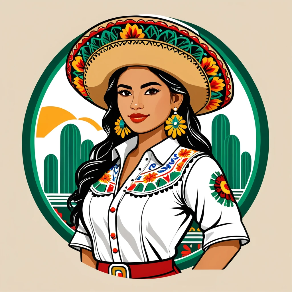 female	engineer	in mexican folk outfit	,vector graphics, strong contours, logo design																						