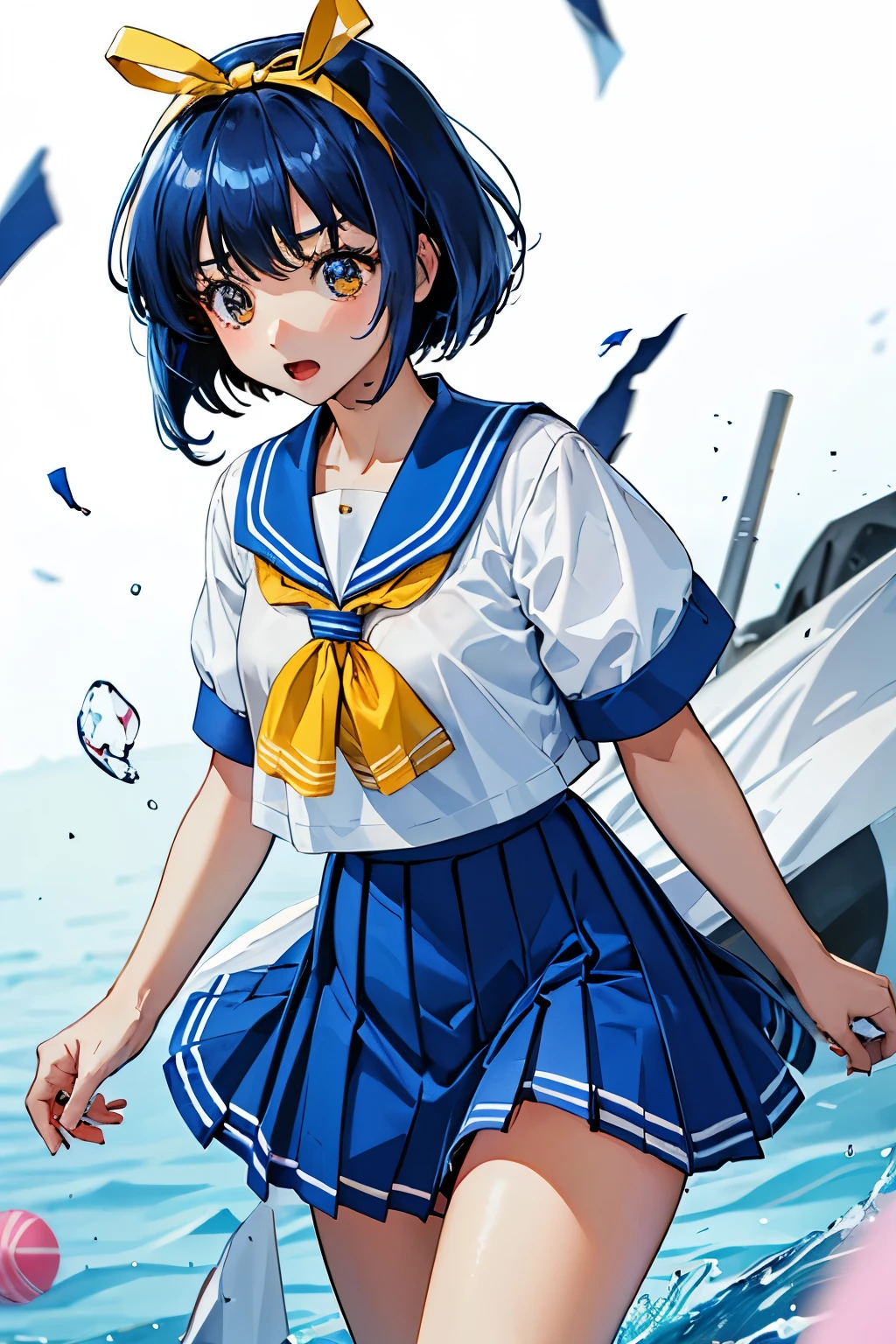 Asuka Honda、明日香、ASKA120%、Blue Hair、Bobcut、Dark Eyes、Yellow ribbon on the head、White Sailor Suit、A large yellow ribbon on the chest、Blue Skirt、Defeated、Disheveled Sailor Uniform、Torn sailor suit、Torn Skirt、Exposed skin、Scared、Scared、Explosive Chemicals、（（（ＳＦＷ、sound、Highest quality、first-clasasterpiece、Normal body、8k、Detailed face、Ultra-precision、Normal hand、Normal finger、５Finger、Highest）））