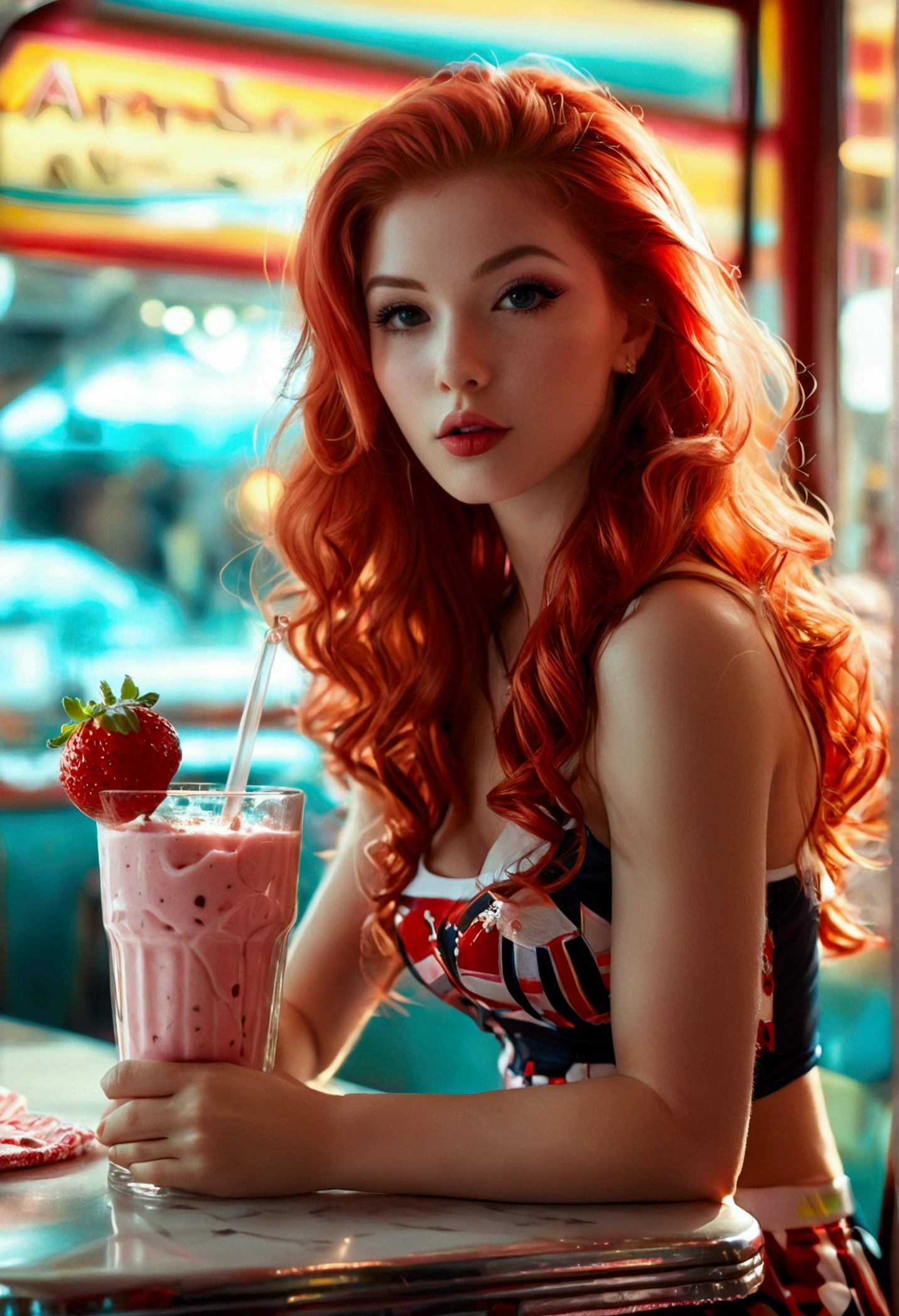 ultra realistic, photography, long red hair, girl, 24 years old, hourglass figure, perfect body, small breasts, Flirty look, extremely detailed artgerm, in the style artgerm, facing the camera, lens 35 mm, blur background, in a 60s diner, sitting at a table, drinking strawberry milkshake, cheerleader outfit,