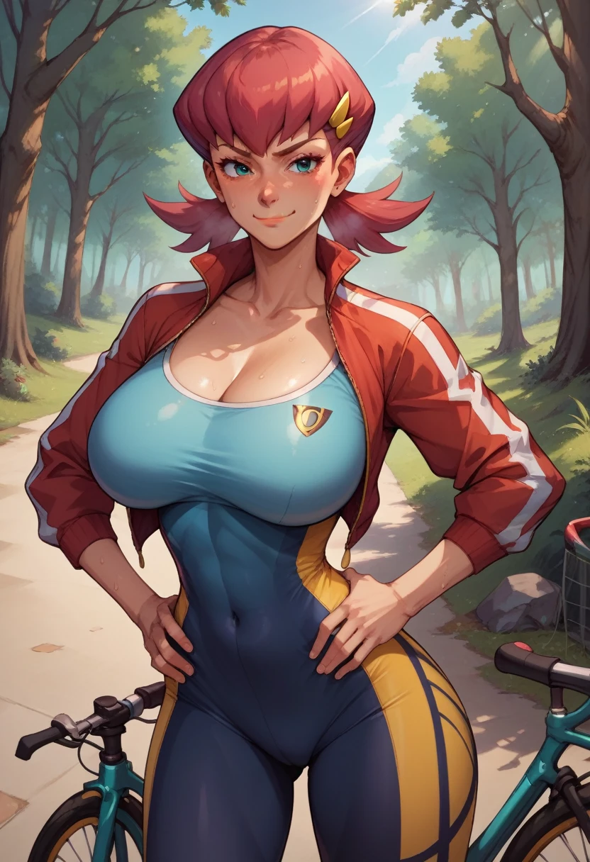 score_9, score_8_up, score_7_up, score_6_up, BREAK Whitney from pokemon, wearing bicycle outfit, big breasts, smirking, hands holding own hips, sweating, in a forest