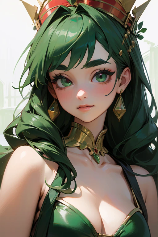 (Highest quality, masterpiece:1.2), High resolution, Very detailed, Realistic:1.37, Fantasy, An illustration, Green Eyes、Queen, Red and green swimsuit、Platinum decoration、beautifully、Eyeshadow Red、Thick eyebrows、Long eyelashes、pupils are black、Her hair is dark green、Gold crown、Kissing Face、Embarrassing、Beloved by the crowd、Hair is green、Braiding、hair ornaments、Laugh gently、From the waist up、bikini、