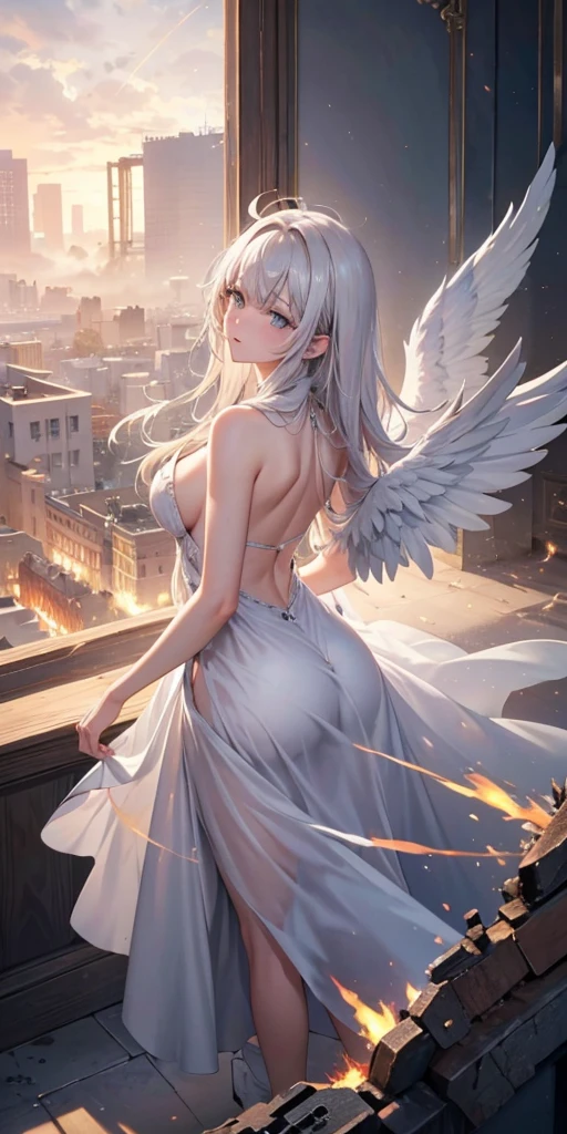 a (Rear view:1.5) A very beautiful female angel\(Long platinum blonde hair, Wide back white dress,(There are beautiful big angel wings on the chest),Very beautiful shiny halo\), She gently opened her arms，Seeking redemption, She is above the clouds, looking down at the world below,Ancient Europe， Fierce war\((So many sparks and flames), fail, fighter, Many buildings collapsed, Nature is destroyed, Magnificent scenery\) Happening Under the Clouds, rest ,quality\(8K,Extremely detailed CG unit wallpaper, masterpiece,high resolution,top-quality,top-quality real texture skin,Surrealism,提high resolution,RaW 照片,Best quality,Very detailed,wallpaper,light,Ray Tracing,Golden Ratio\),[National Foundation],Dynamic Angle,[National Foundation],from above