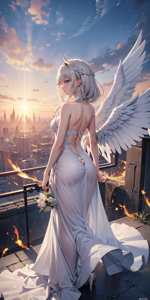 a (Rear view:1.5) A very beautiful female angel\(Long platinum blonde hair, Wide back white dress,(There are beautiful big angel wings on the chest),Very beautiful shiny halo\), She gently opened her arms，Seeking redemption, She is above the clouds, looking down at the world below,Ancient Europe， Fierce war\((So many sparks and flames), fail, fighter, Many buildings collapsed, Nature is destroyed, Magnificent scenery\) Happening Under the Clouds, rest ,quality\(8K,Extremely detailed CG unit wallpaper, masterpiece,high resolution,top-quality,top-quality real texture skin,Surrealism,提high resolution,RaW 照片,Best quality,Very detailed,wallpaper,light,Ray Tracing,Golden Ratio\),[National Foundation],Dynamic Angle,[National Foundation],from above