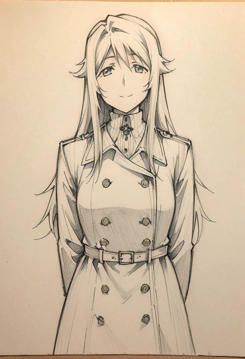 1 ,Line drawing,monochrome,(sketch:1.5、pattern、pencil drawing:1.5、board:1.5),board,traditional media, whole body,look up,Cold Background ,(Gothic style,Wear a large trench coat) , Solitary、( Solitary),Smile,Long hair