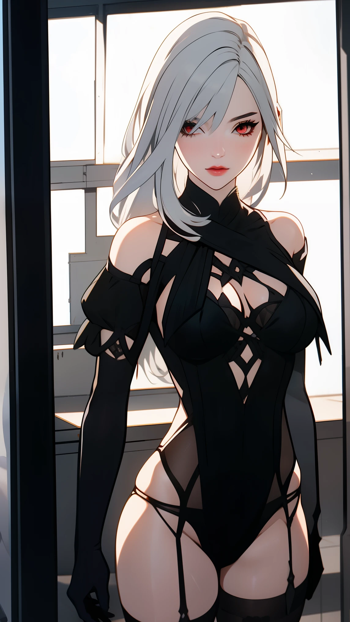 blond haired woman in lingerie posing in front of a mirror, cyberpunk art inspired by WLOP, cgsociety contest winner, fantasy art, 2b, 2 b, seductive cyberpunk dark fantasy, nier inspired, nier:automata inspired, nier : automata inspired, 2b nier automata, (octane render) fantasy style, wlop. 4 k, dramatic lighting fantasy, SkirkGI, red eyes, long hair, white hair, blue hair, hair ornament,