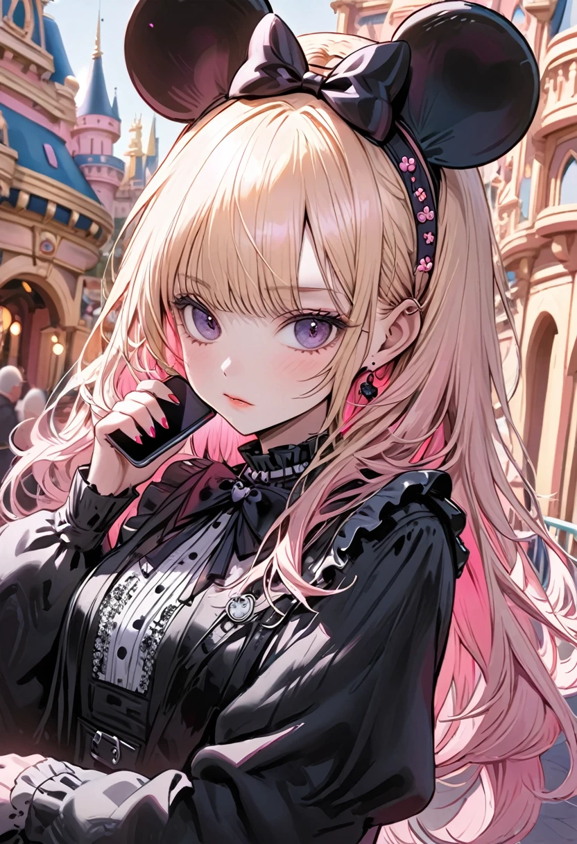 A beautiful girl wearing a Minnie Mouse ears headband, black gothic ta outfit, one person, pink hair and long blonde hair, holding a smartphone in her hand, delicate facial structure, perfect hand angle, background is inside Disneyland