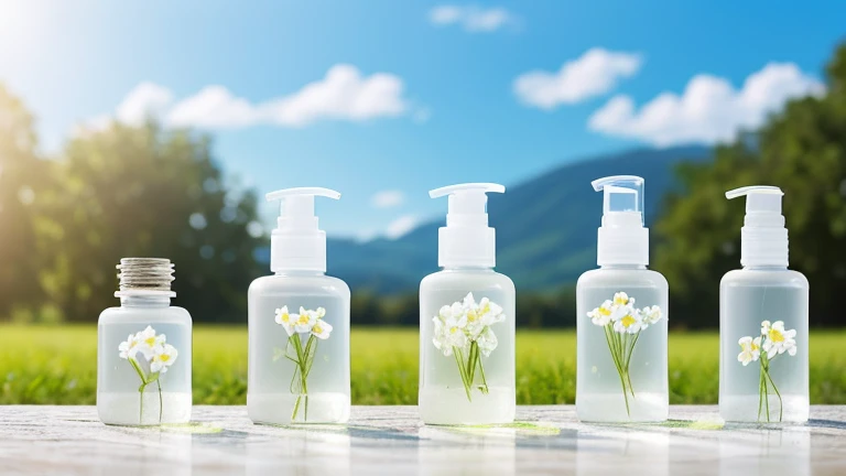 Beautiful white flowers are blooming in the background. Transparent cosmetic bottles are lined up in front. Transparent cosmetic bottles. The image is created in landscape orientation.