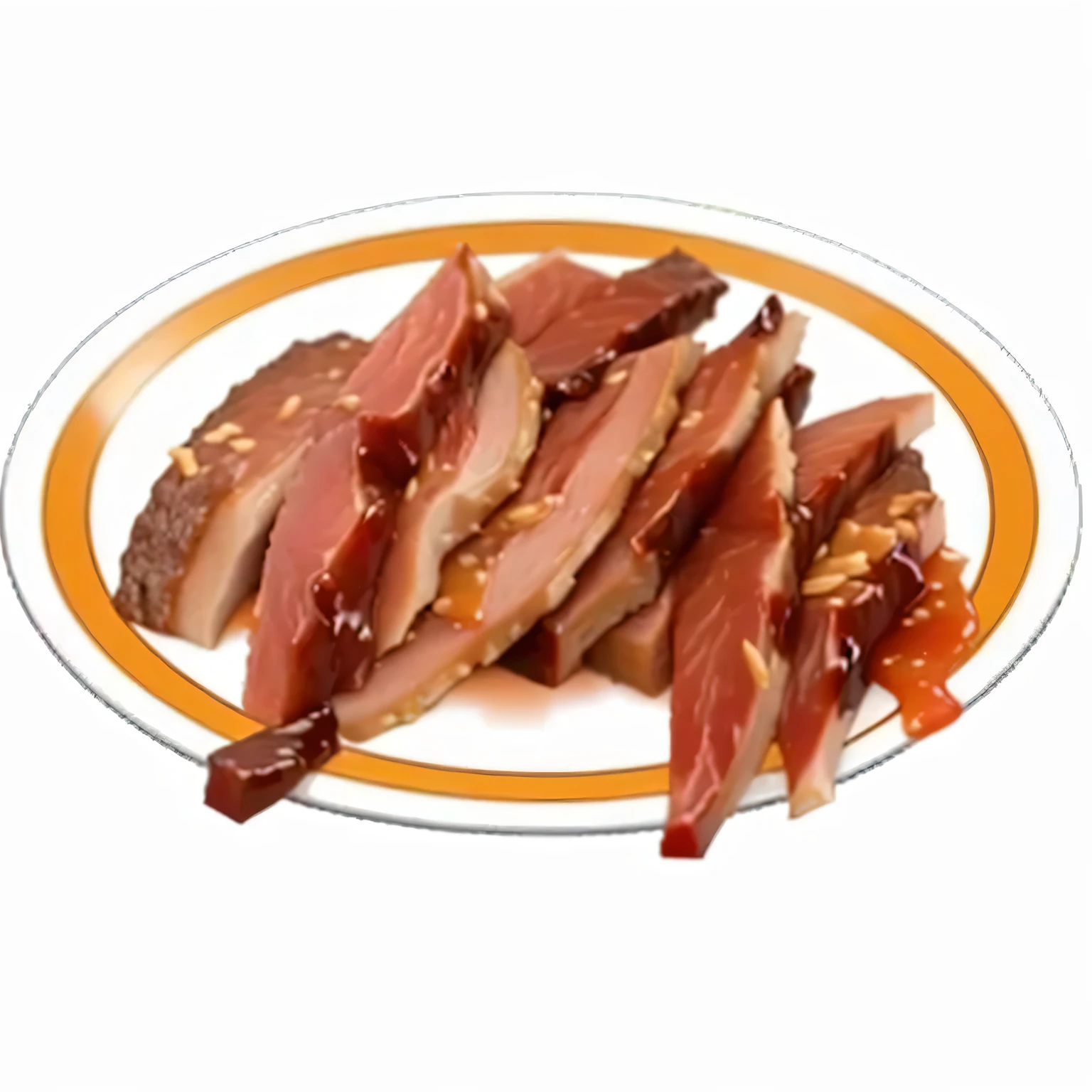 熏meat on a plate with a yellow border, 熏meat, Wang Chen, 猪meat meat, also, No text, meat, qiangshu, let's go, 猪meat, author:Yunguo Dongyan, lunchmeat, On a clear background, Good quality ), Monica, Spear, irregular, ready to eat, Brown bread with sliced salo