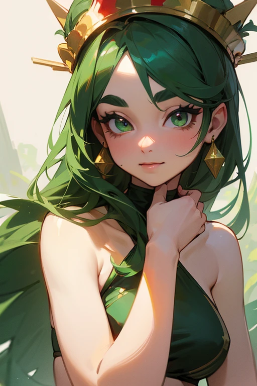 (Highest quality, masterpiece:1.2), High resolution, Very detailed, Realistic:1.37, Fantasy, An illustration, Green Eyes、Queen, Red and green swimsuit、Platinum decoration、beautifully、Eyeshadow Red、Thick eyebrows、Long eyelashes、pupils are black、Her hair is dark green、Gold crown、Kissing Face、Embarrassing、Beloved by the crowd、Hair is green、Braiding、hair ornaments、Laugh gently、From the waist up、bikini、