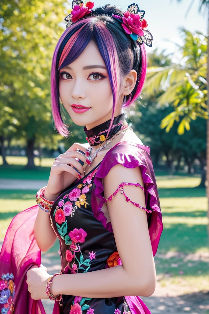 (masterpiece:1.4), (best quality:1.4), ultra high res, ultra high resolution, ((ultra detailed facial features)), HDR, (realistic, photorealistic, photo-realistic:1.37), full body Esbian, sexy Swedish model, (-anime), vivid colors, ((vivid colors multicolor (fuchsia, pink, light blue, purple) very short hair)), (seductive smile), ultra detailed metallic makeup, lip-gloss, long lashes, defined eyebrows, wearing large sparkling colorful jewelery, wearing a red silk Paradise Kiss cosplay dress with black floral embroidery, ((vivid colors outfit)), vivid colors, look at the camera, cinematic light, large park background with trees, sweet and sexy pose