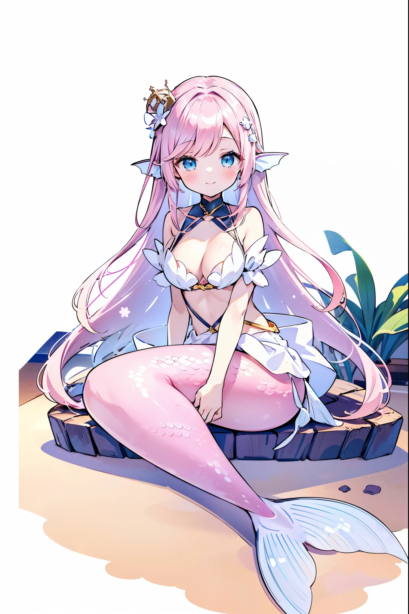 masterpiece, best quality,A girl,Pink hair,White Dress,blue eyes,Head fin,独奏,Large Breasts,Mermaid,粉色的Mermaid尾巴,full-body shot,White background,charming face(Kawaii, charming,Soft),Looking at the audience,Smile,Sitting