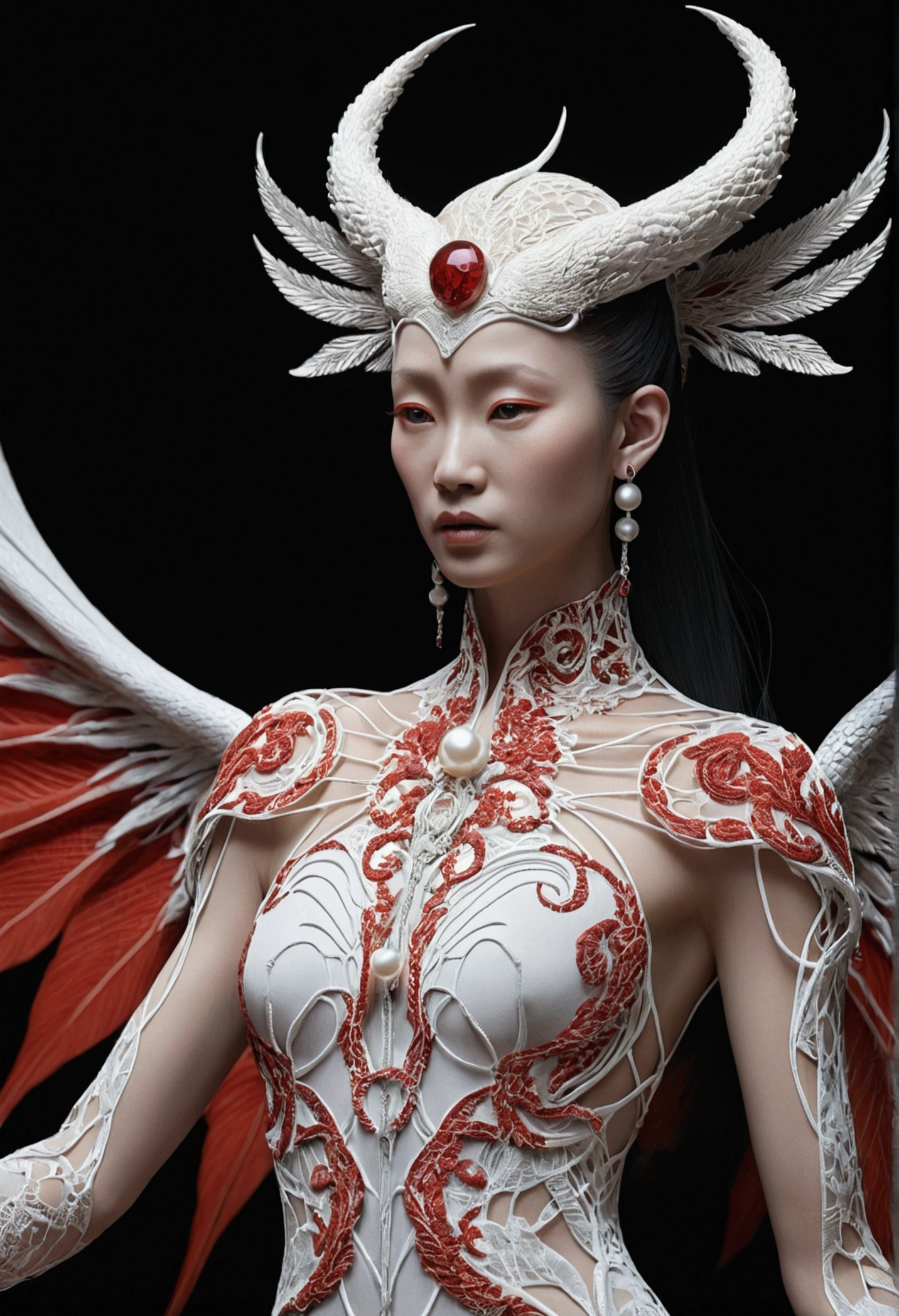 Beautiful 3D rendering,Presenting the beautiful angel of death、biology、Analog 150mm lens、Beautiful natural soft edge light、Neon Pulse、root、Delicate leaf lace、Color Details、Boris Bijan Sabery (Boris Bidjan Saberi) clothing、Pearl ear-rings、Nipple piercing、Art Nouveau fashion embroidery、Intricate details、Gridlines and Delbro fractals、Facial muscles、cable microchip、The Lord of the Rings、Surrealism、octane,Volumetric Lighting,8K and post-production,Red and White,Slightly black,Metal skeleton detail,meio humano e meio animal,They will laugh,Glenn Brown style,Futuristic Room、The power of God、High Angle Shot、Complex body posture,Chinese dragon,Chinese Phoenix