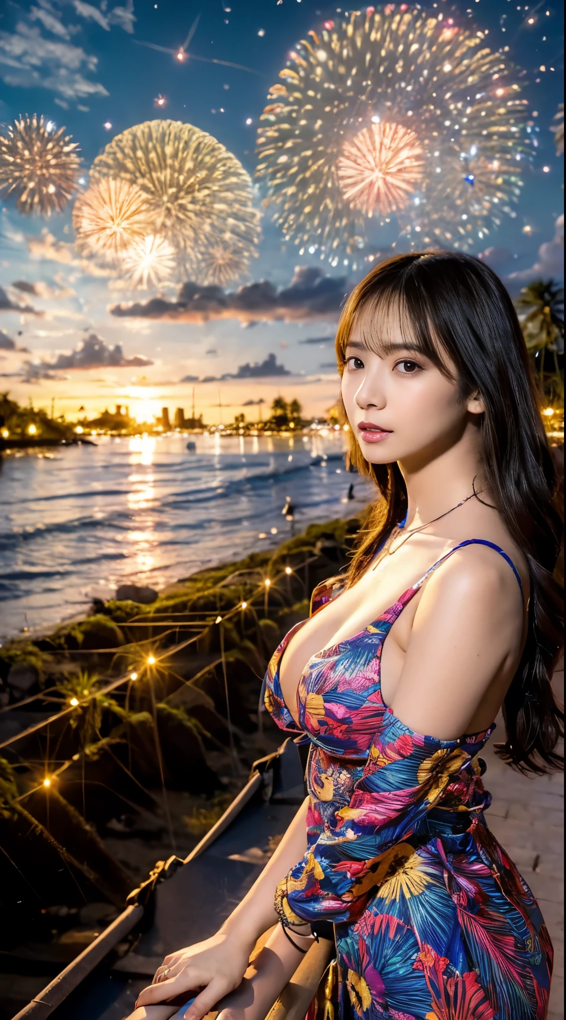 (((Masterpiece，Highest quality，Highest quality，8k，16K))，((Ultra-high resolution，Super detailed)))，Japanese，beautiful girl，sexy，glamorous，Golden Ratio Style，Bikini，night，Tropical Beach，Fireworks display，Fireworks、((Tropical BeachにてFireworks displayのFireworksを背景にしたスナップ写真))，