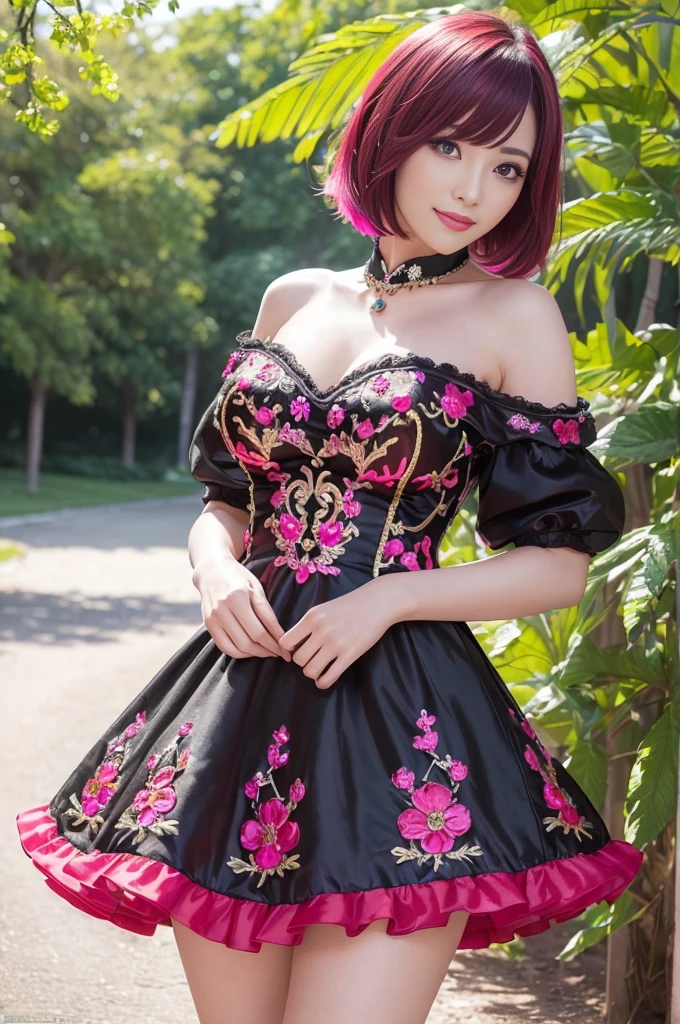 (masterpiece:1.4), (best quality:1.4), ultra high res, ultra high resolution, ((detailed facial features)), HDR, (realistic, photorealistic, photo-realistic:1.37), full body Esbian, sexy Japanese model, (-anime), only 1 model, vivid colors, ((vivid colors multicolor very short hair)), (big smile), lip-gloss, long lashes, defined eyebrows, wearing large sparkling colorful jewelery, wearing a red silk Paradise Kiss cosplay dress with black floral embroidery, ((vivid colors outfit)), vivid colors, look at the camera, cinematic light, large park background with trees, sweet and sexy pose