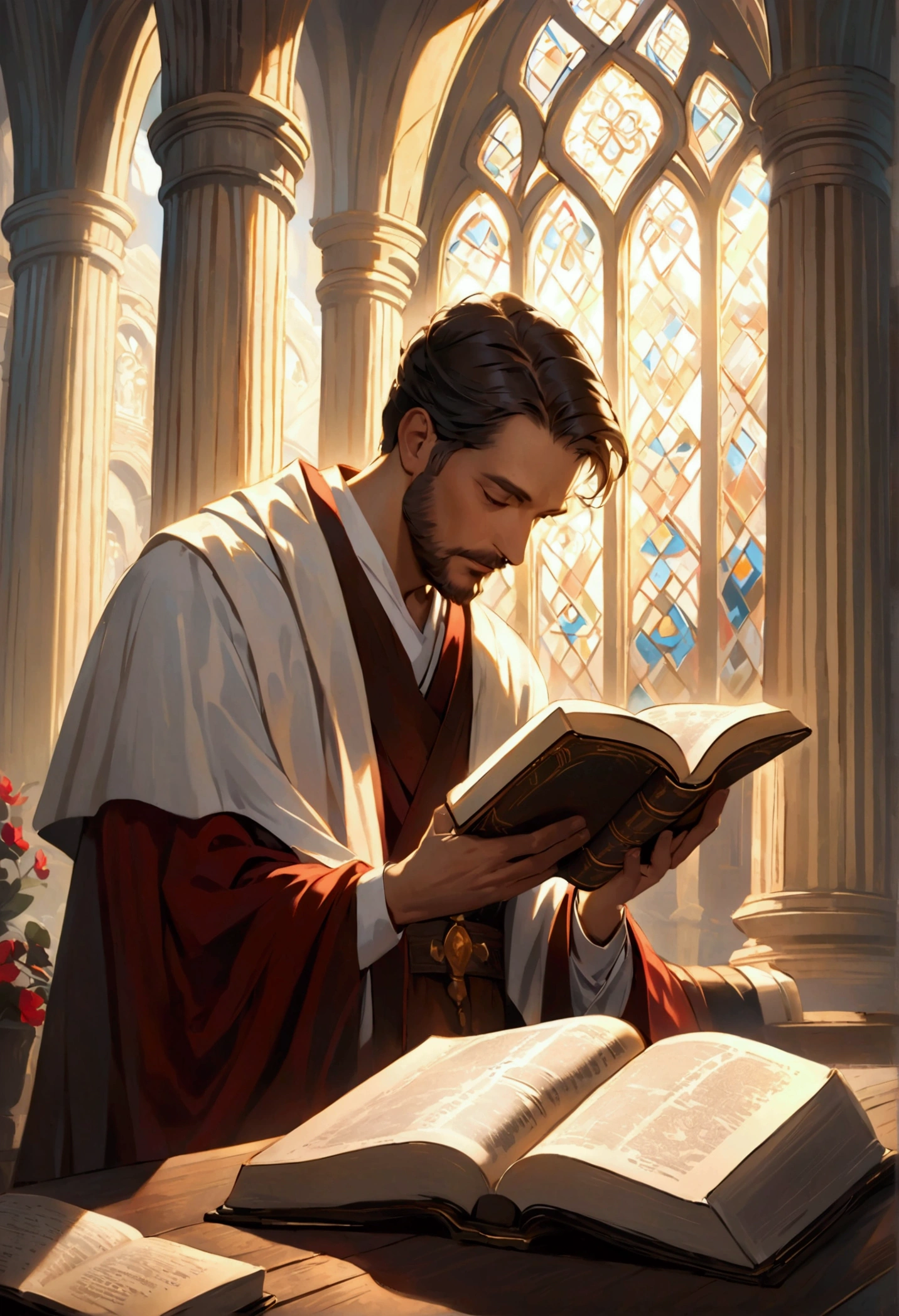 (work of art, Maximum quality, best qualityer, man reading the holy bible. Highlight for the open bible