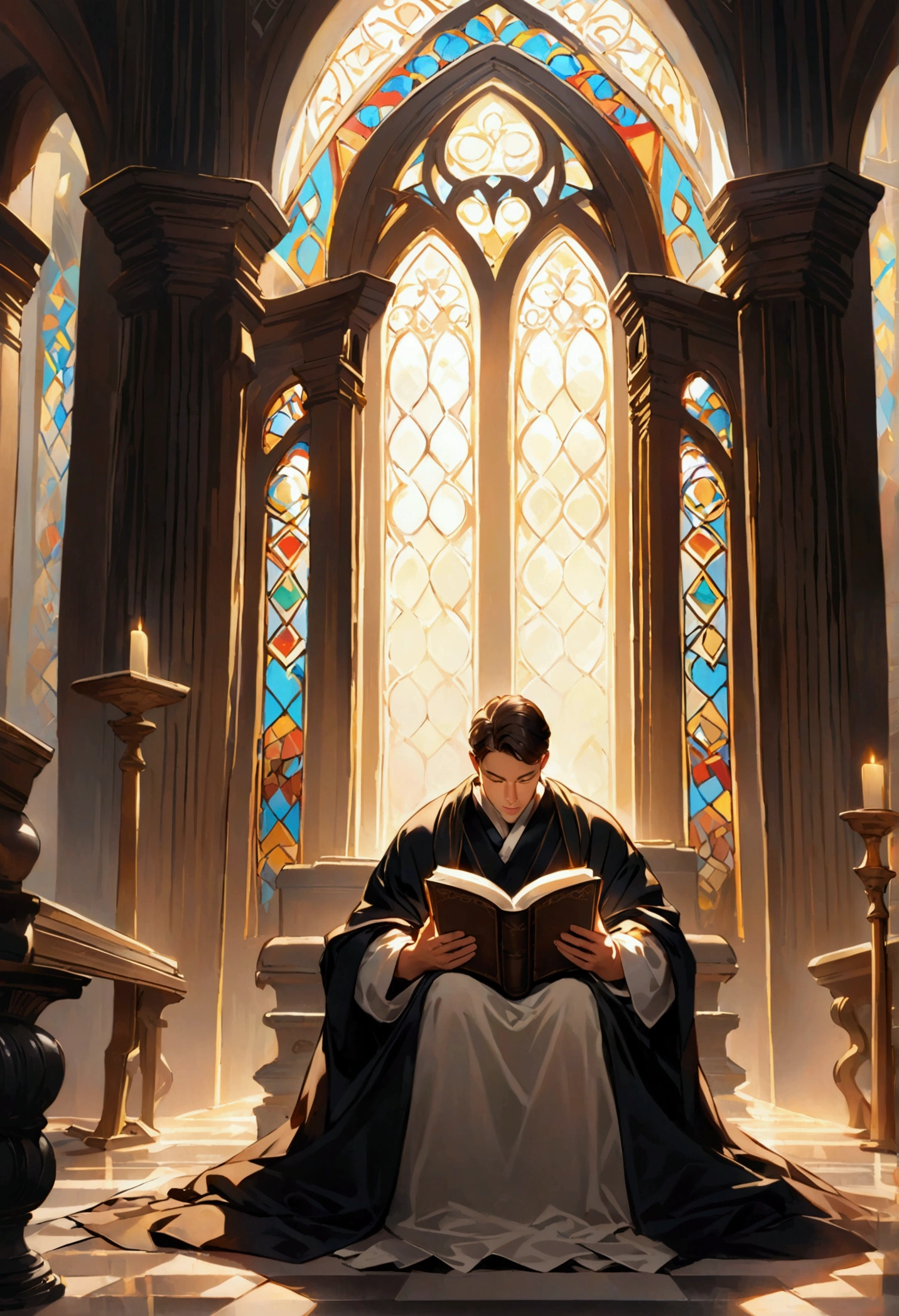 (work of art, Maximum quality, best qualityer, man reading the holy bible. Highlight for the open bible