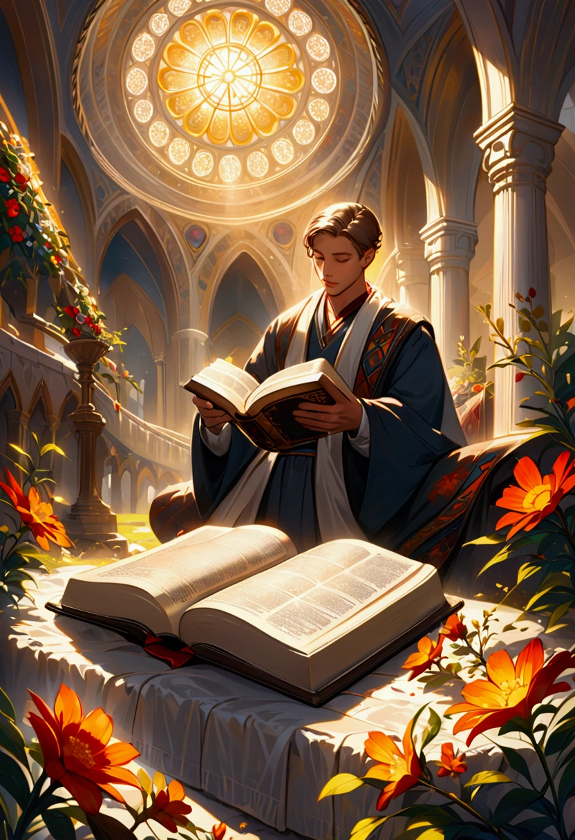 (work of art, Maximum quality, best qualityer, man reading the holy bible. Highlight for the open bible