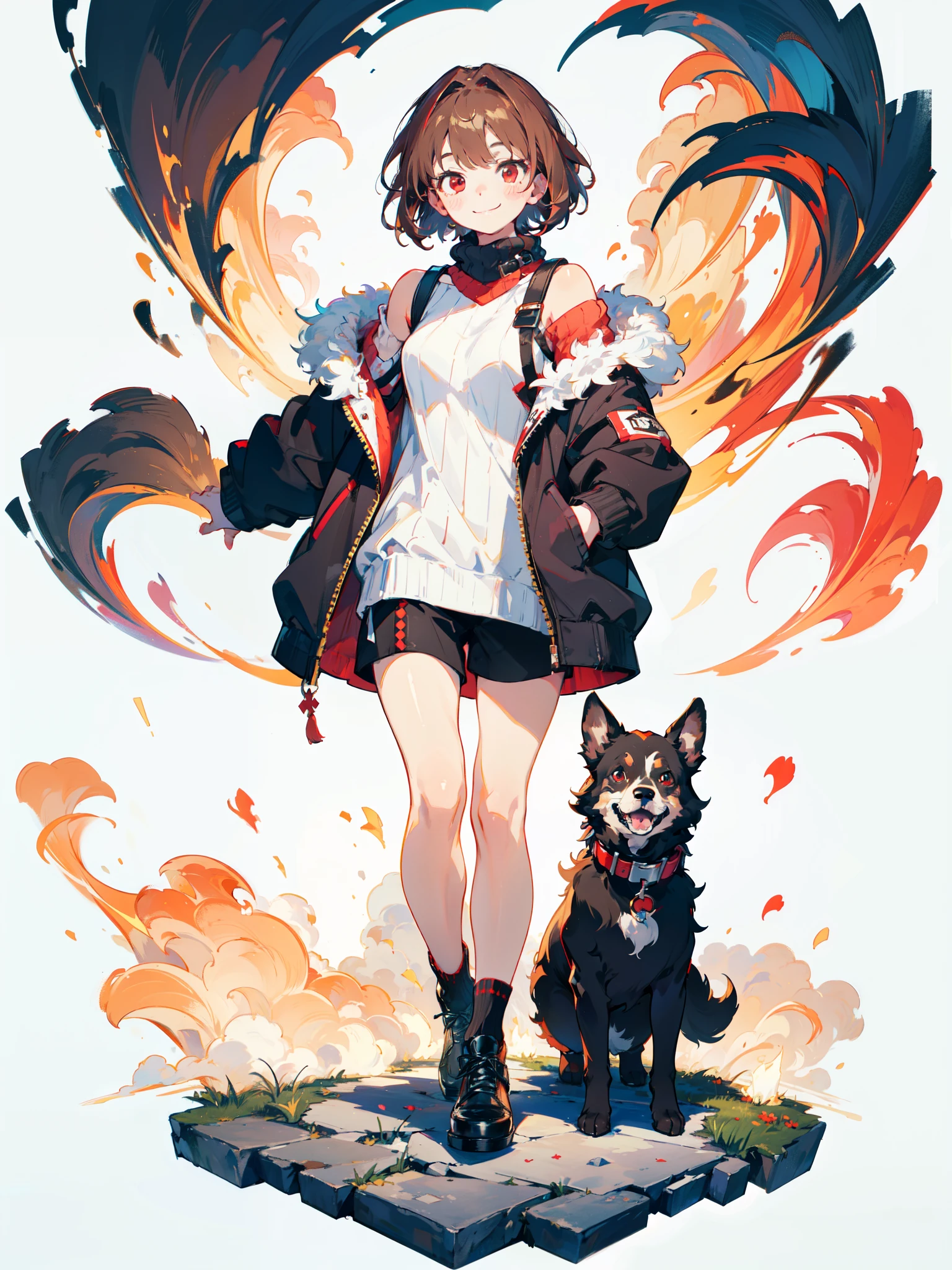 white background, full body, standing,charaSF,smile, 1girl, solo, short hair, brown hair, red eyes, collar, black jacket, off shoulder, fur trim, red sweater, ribbed sweater, turtleneck, shoulder cutout, long sleeves, black shorts, blush sticker,dog collar,black shoes