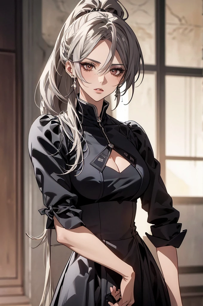 (Highest quality, High resolution, Very detailed), Silver Hair, Long ponytail hair, Reddish brown eyes, Perfect Makeup, Large Breasts, Black long dress, 20th Generation, mature, Beautiful woman, quiet, Calm, venue,