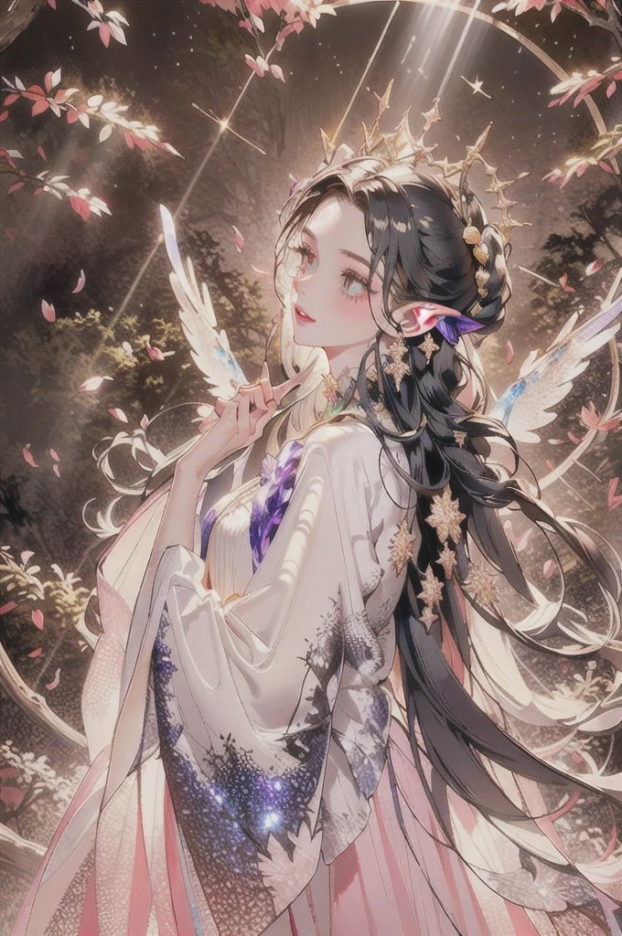 ((masterpiece)), (top quality), (best quality), ((ultra-detailed, 8k quality)), Cinematic lighting, soft semi-backlit light, (detailed line art), absurdres, (best composition), (high-resolution), Aesthetics, cel-shading,
BREAK, a pixie wearing pixie armor,flying through the magical forest,sparkling fairy dust,floating flower petals,majestic sunlight filtering,beautifully textured foliage,enchanted glowing mushrooms,twinkling stars,surreal atmosphere,breathtaking scenery,whimsical details,glowing ethereal wings,fantasy realm,enchanted creatures,mystical aura,graceful motion,magical energy,tiny sparkling jewels,dream-like ambiance,serene and enchanting,ethereal beauty,magical adventure,enchanting colors,enchanted beings,fairy tale setting,enchanted light beams,spellbinding charm,tiny intricate details,magical wonderland,fantasy-filled,enchanted whispers,floating and ethereal,light and airy,mysterious yet inviting,otherworldly vine-covered trees,colorful and vibrant,a world of imagination,fantastical elements,breathtaking flight,playful and mischievous,exquisite craftsmanship,whispering tree spirits, (Pointed ears:1.3), White hair, (beautiful detailed eyelashes, eyeshadow, pink eyeshadow), Concept art by Mikimoto Haruhiko, by Kawacy, By Yoshitaka Amano,