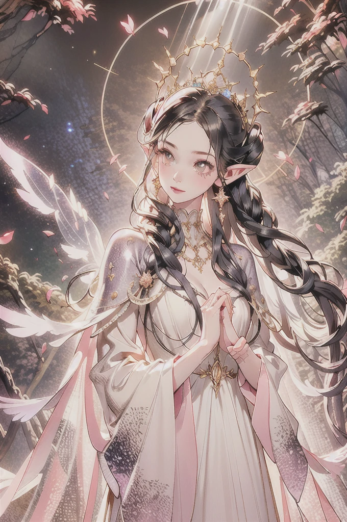 ((masterpiece)), (top quality), (best quality), ((ultra-detailed, 8k quality)), Cinematic lighting, soft semi-backlit light, (detailed line art), absurdres, (best composition), (high-resolution), Aesthetics, cel-shading,
BREAK, a pixie wearing pixie armor,flying through the magical forest,sparkling fairy dust,floating flower petals,majestic sunlight filtering,beautifully textured foliage,enchanted glowing mushrooms,twinkling stars,surreal atmosphere,breathtaking scenery,whimsical details,glowing ethereal wings,fantasy realm,enchanted creatures,mystical aura,graceful motion,magical energy,tiny sparkling jewels,dream-like ambiance,serene and enchanting,ethereal beauty,magical adventure,enchanting colors,enchanted beings,fairy tale setting,enchanted light beams,spellbinding charm,tiny intricate details,magical wonderland,fantasy-filled,enchanted whispers,floating and ethereal,light and airy,mysterious yet inviting,otherworldly vine-covered trees,colorful and vibrant,a world of imagination,fantastical elements,breathtaking flight,playful and mischievous,exquisite craftsmanship,whispering tree spirits, (Pointed ears:1.3), White hair, (beautiful detailed eyelashes, eyeshadow, pink eyeshadow), Concept art by Mikimoto Haruhiko, by Kawacy, By Yoshitaka Amano,