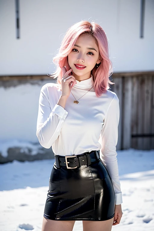 1 girl, model, extremely beautiful, perfect body. Photo taken with Canon EOS R5 85mm f/11 Camera, ((sharp)) mode of people and surrounding scenery. Image quality ((8K)), ((lifelike)), ((masterpiece)), ((sharp and highest contrast)), ((great depth of field)), ((light stereolithography)).
((Pink hair)), ((high-end cosmetic makeup)), ((bright, radiant smile)), ((brilliant glossy red lipstick)), ((Ivory, white skin bright)), detailed pores, ((glossy skin)), ((Light shining directly on the face)), bright sunlight.
Earrings, necklace, belt, ((thin shirt)), ((shiny leather skirt)), high heels, bracelets.
Girl standing model pose, ((white snow)), cold wind, frost, cold, numb, ((frozen)), snowflakes, loneliness, fantasy, dream, waiting, ((hope)).