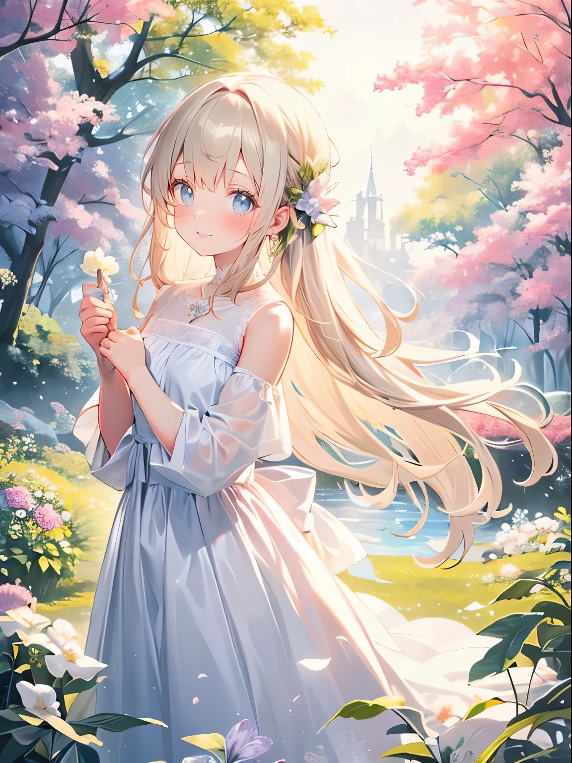 A , delicate beauty, dreamlike atmosphere, ethereal glow, graceful motion, a bird in her hand, watercolor, detailed eyes, flowing dress, vibrant colors, soft lighting, whimsical surroundings, enchanted garden, golden sunlight, ethereal scenery, glowing flowers, magical presence, gentle breeze, innocent expression, enchanting moment, artful strokes, surreal ambiance, fleeting happiness, joyful harmony, radiant innocence, tender emotions, serene tranquility, playful curiosity, captivating charm, imaginative wonder, artistic masterpiece, picturesque scene, tranquil oasis, blissful serenade, magical realism, ethereal dreamland, mesmerizing enchantment, delightful discovery, treasured memories, captivating narrative, everlasting joy. (best quality, highres, ultra-detailed, realistic, vivid colors, soft lighting)