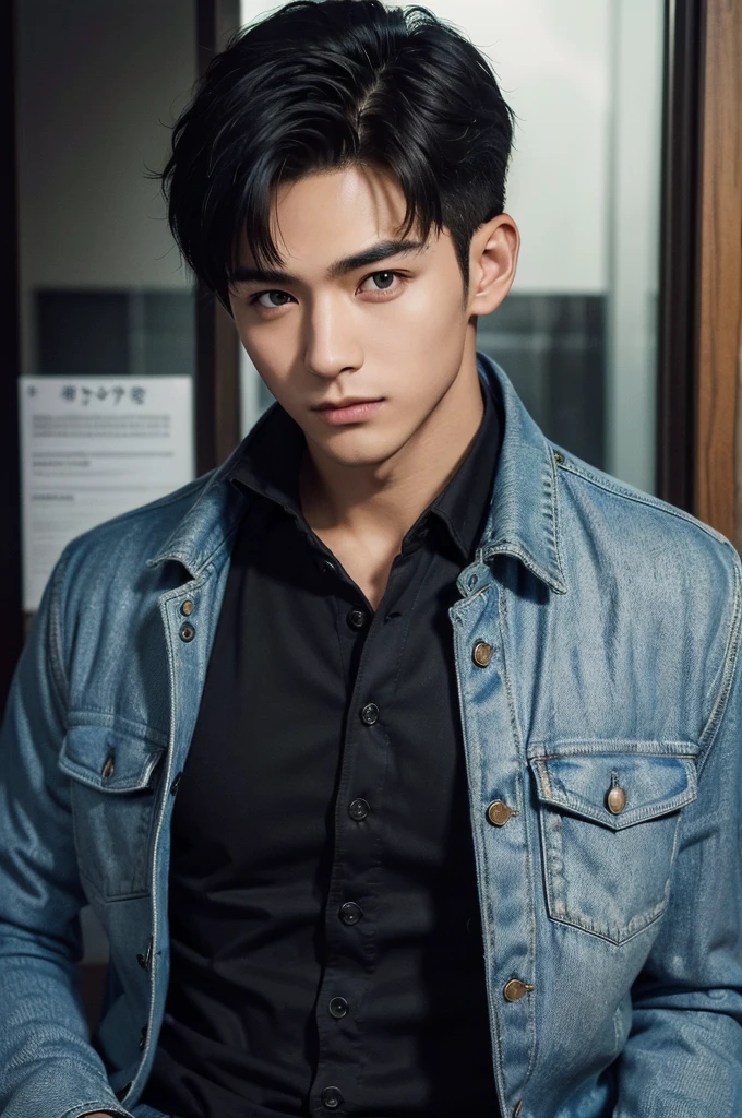 ((High quality, masterpiece, very high resolution, skin with fine details, eyes with fine details), a picture of a man with a jacket, showing off in japan, 1boy, male focus, solo, jacket, realistic
