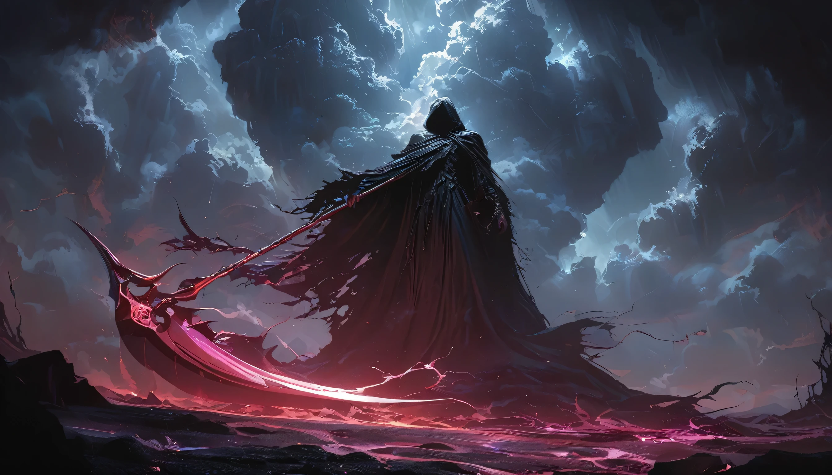 (masterpiece, best quality:1.2), Death in the Storm，cloak，Holding a red scythe，moonlight，heavily clouded，Thunder and lightning， Dark fantasy illustration style , Dark Arts, High contrast, Dark Shadows, Atmospheric perspective, Melancholic colors, Thin Film Component, Volumetric Lighting, number, Brushstrokes, Dramatic Lighting, Low angle shot, Surrealism, Very detailed, Surrealism