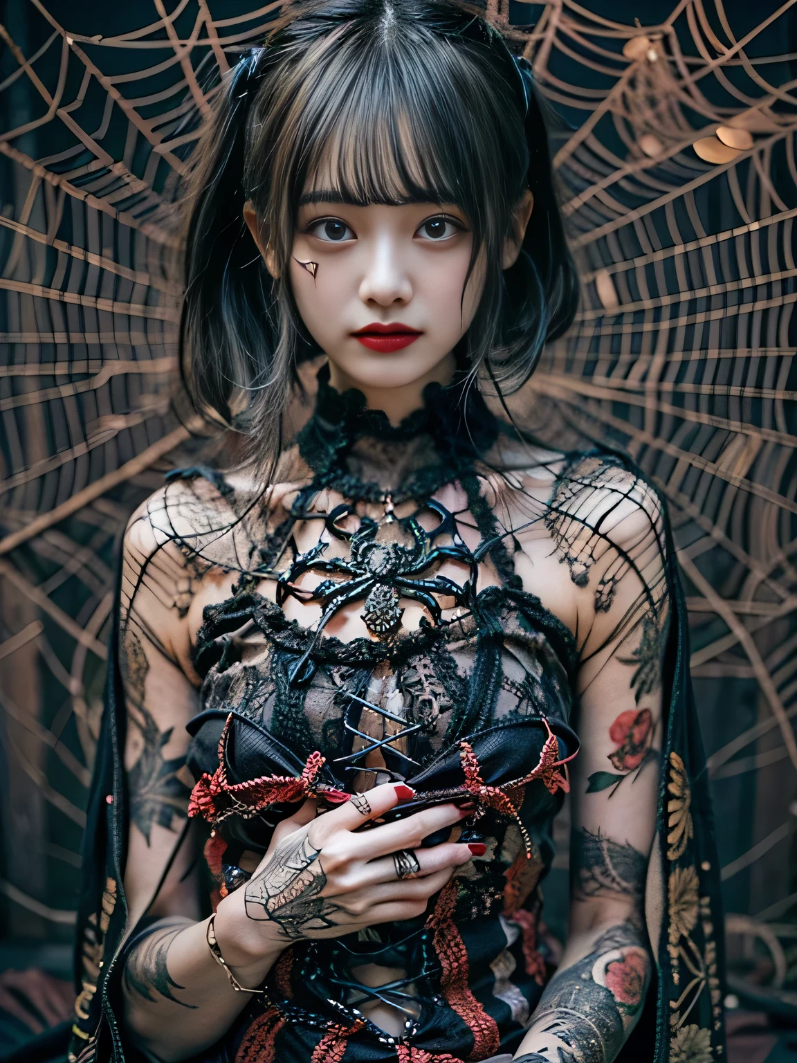 Beautiful girl fused with a spider. Girl in Japanese style gothic dress. ((Female Solo. 1.1)) . hiquality. Dark fantasy style illustration. she has short hair. ratex. Shining eyes. Spider legs extending from behind her. tarantula. Embroidery with a spider web pattern. Spider web tattoo. monstergirl. Dark indoor. Wooden house.