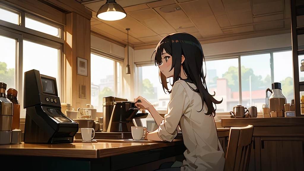 Girl listens to making coffee in a coffee shop,2D anime style, The morning air was clear. ,Warm atmosphere,