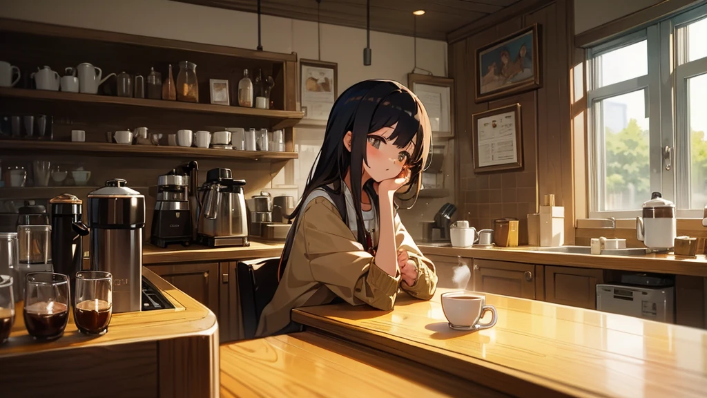 Girl listens to making coffee in a coffee shop,2D anime style, The morning air was clear. ,Warm atmosphere,