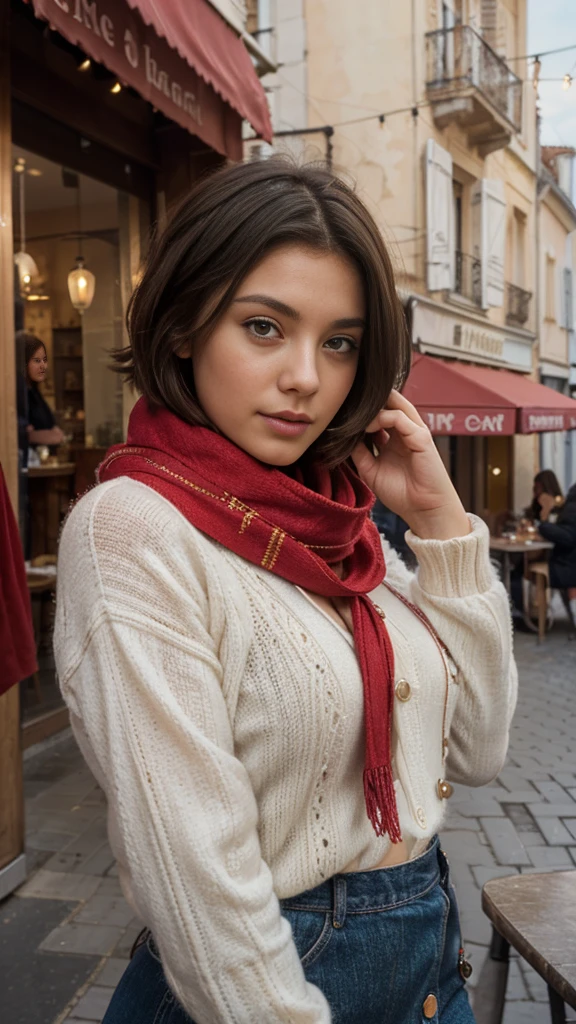 (girl, model, short hair, completely brunette hair, Wear against cold, red scarf, French cityscape, Open Cafe Terrace, Travel Photography, surreal, Selfie Pose),(figure, High resolution, Bright colors:1.1, detailed girl's face:1.1),(beautiful, fine eyes, beautiful, detailed lips, long eyelashes),(blurry, background:0.9, Bustling Crowds, charming french architecture),(soft lighting, warm tones),(portrait, fashion)