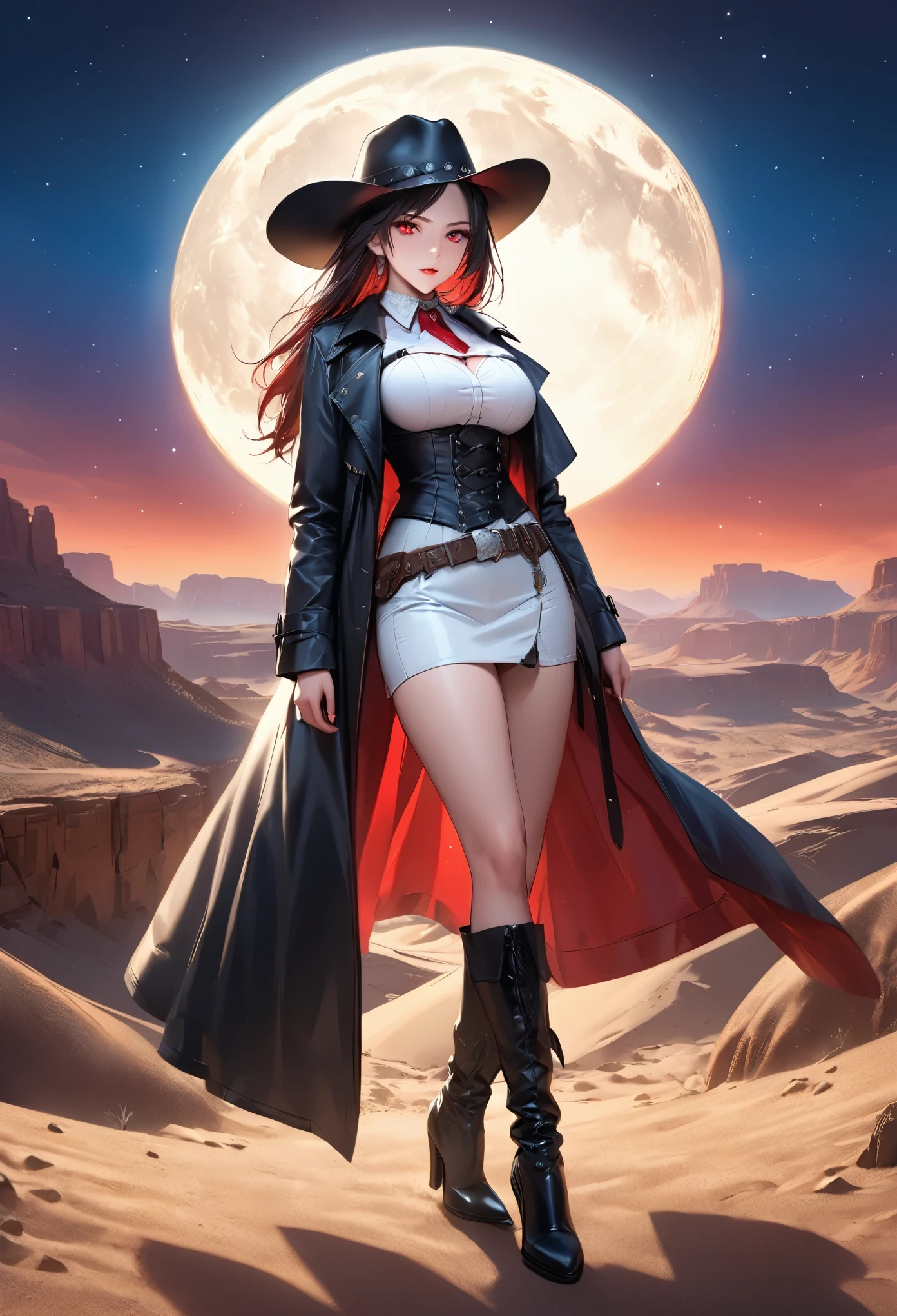 (wild west black and white 19th century photograph style: 1.5) picture of a female vampire cowboy in the desert night, a goth beauty, exquisite beautiful female vampire, ((anatomically correct: 1.5), (ultra detailed face: 1.2), best detailed face, red glowing eyes, full body, busty, wearing white bottom shirt, short skirt, dynamic color. wearing (cowboy hat: 1.2), wearing high heeled boots, wearing open black trench coat, flowing trench coat, it is night time in the desert, moon light. moon rays, west America desert canyon background, Hyperrealism style, vibrant, Ultra-high resolution, High Contrast, (masterpiece:1.5), highest quality, Best aesthetics), best details, best quality, highres, ultra wide angle, 16k, [ultra detailed], masterpiece, best quality, (extremely detailed) RAW, chumbasket art style, rpg portrait photograph,