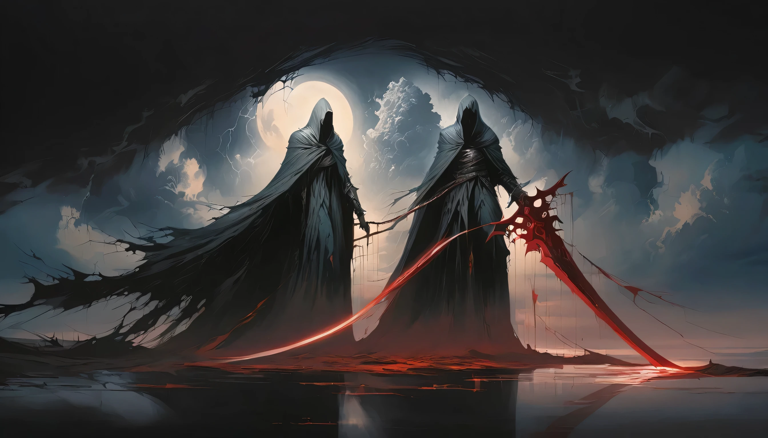 (masterpiece, best quality:1.2), Death in the Storm，cloak，Holding a red scythe，moonlight，heavily clouded，Thunder and lightning， Dark fantasy illustration style , Dark Arts, High contrast, Dark Shadows, Atmospheric perspective, Melancholic colors, Thin Film Component, Volumetric Lighting, number, Brushstrokes, Dramatic Lighting, Low angle shot, Surrealism, Very detailed, Surrealism