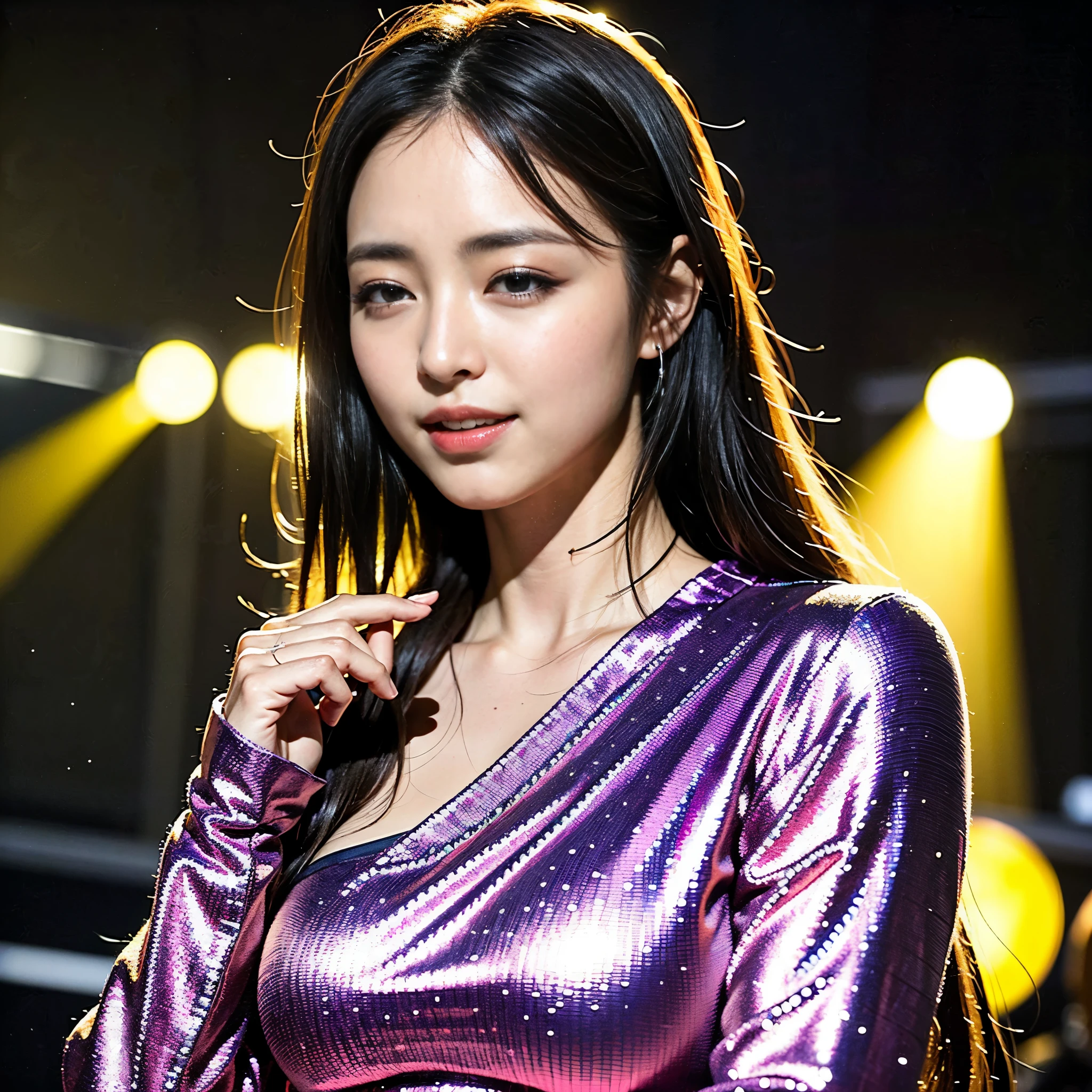 (highest quality、4k、8k、High resolution、master piece: 1.2)、Super detailed、(real、photorealistic、photorealistic: 1.37)、beautiful detailed eyes、beautiful detailed lips、highly detailed eyes and face、long eyelashes、(cowboy shot:1.2)、 sharp focus、professional、Bright colors、Bokeh、concept artist、Gorgeous、stage lighting、energetic atmosphere、emotion、enthusiastic audience、Sparkling costume、singer、microphone、Center Stage、concert venue、dynamic movement、Creative hairstyles、Breathtaking performance、(half close eyes:1.15)、Exquisite facial expressions、dance、passion、Hip Hop Music、Laser Light、colorful background、Sweat、(sexual excitement:1.5)、Fashion Forward、Confident attitude、Interactive Stage Design、stunning visuals、A spectacular concert experience、lively、high energy、upbeat music