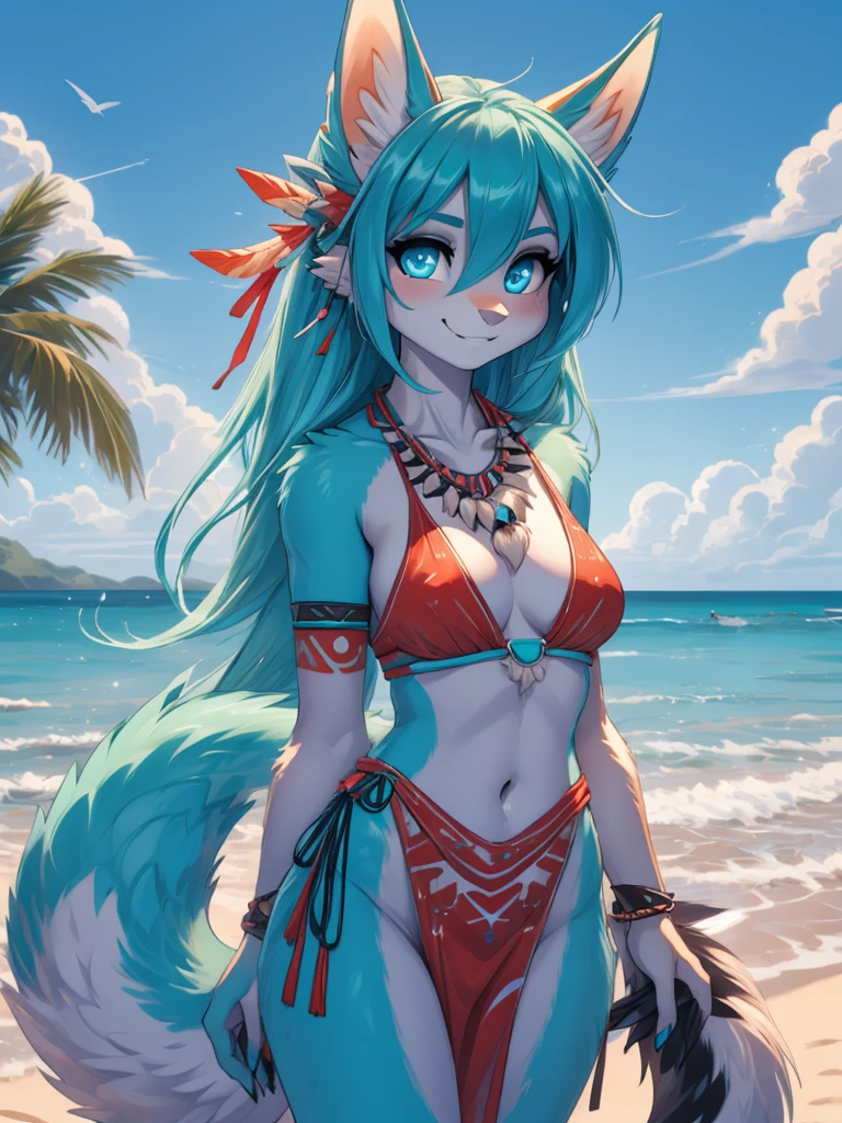 Miku Hatsune, cuerpo aqua&blanco add_detai:1, peludo, orejas de kitsune,((piersings)), arete en el ombligo, tatuajes tribal add_detail:1, ropa tribal, paisaje de playa, Eclipse, sensual swimsuit, hincada en la playa, cara sonrojada, feliz, happy girl. Blue intense eyes, most beautifull blue deep eyes, magic girl add_detail:1