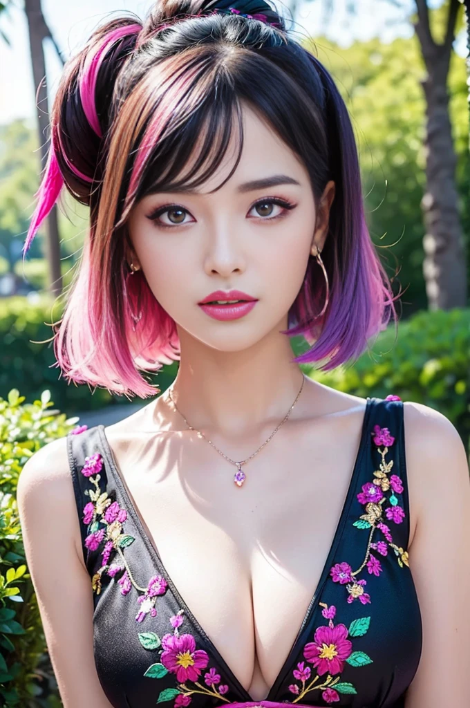(masterpiece:1.4), (best quality:1.4), ultra high res, ultra high resolution, ((ultra detailed facial features)), HDR, (realistic, photorealistic, photo-realistic:1.37), full body Esbian, sexy Swedish model, (-anime), vivid colors, ((vivid colors multicolor (fuchsia, pink, light blue, purple) very short hair)), (seductive smile), ultra detailed metallic makeup, lip-gloss, long lashes, defined eyebrows, wearing large sparkling colorful jewelery, wearing a red silk Paradise Kiss cosplay dress with black floral embroidery, ((vivid colors outfit)), vivid colors, look at the camera, cinematic light, large park background with trees, sweet and sexy pose